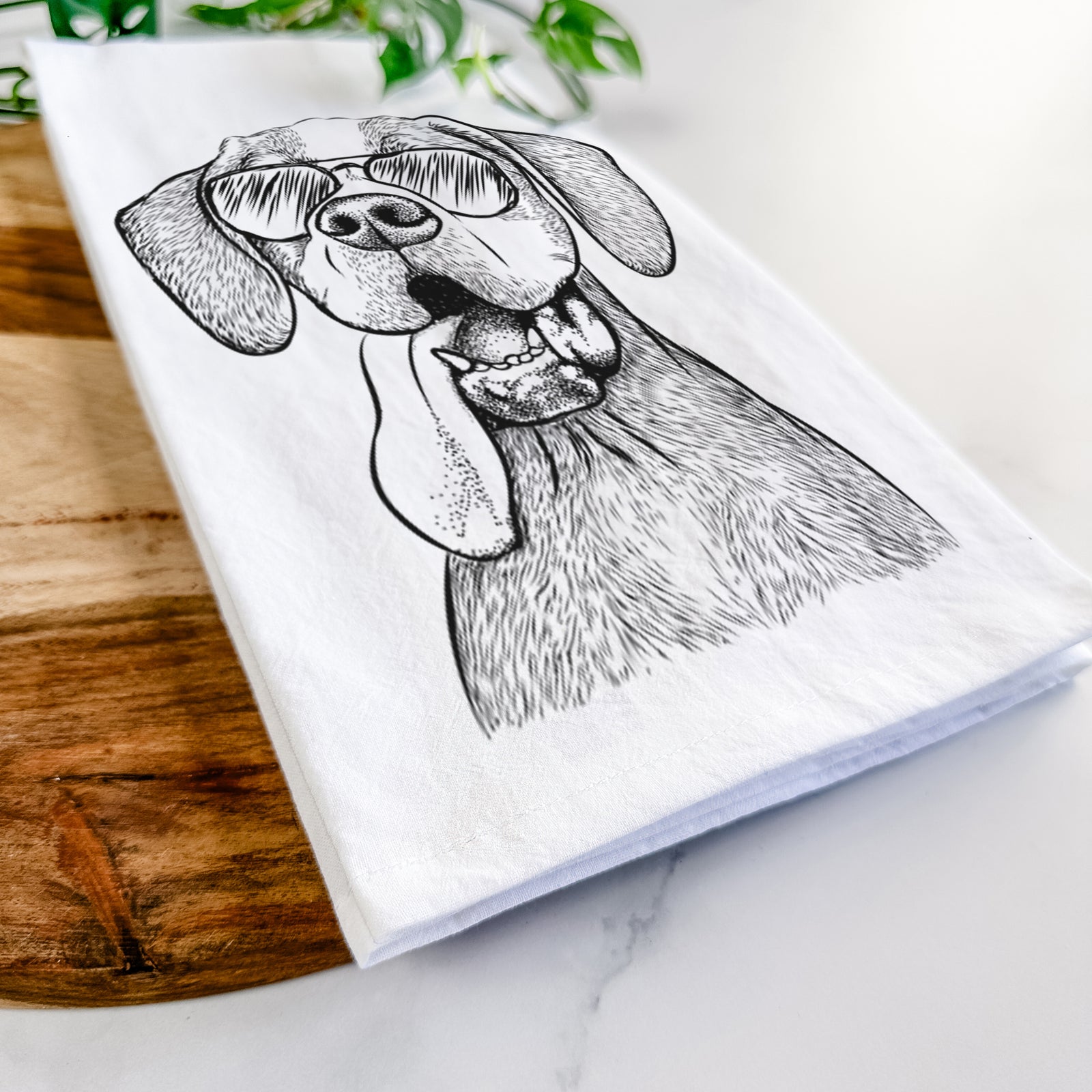 Hand-drawn sketch of Irwin the English Pointer wearing aviator sunglasses on a tea towel