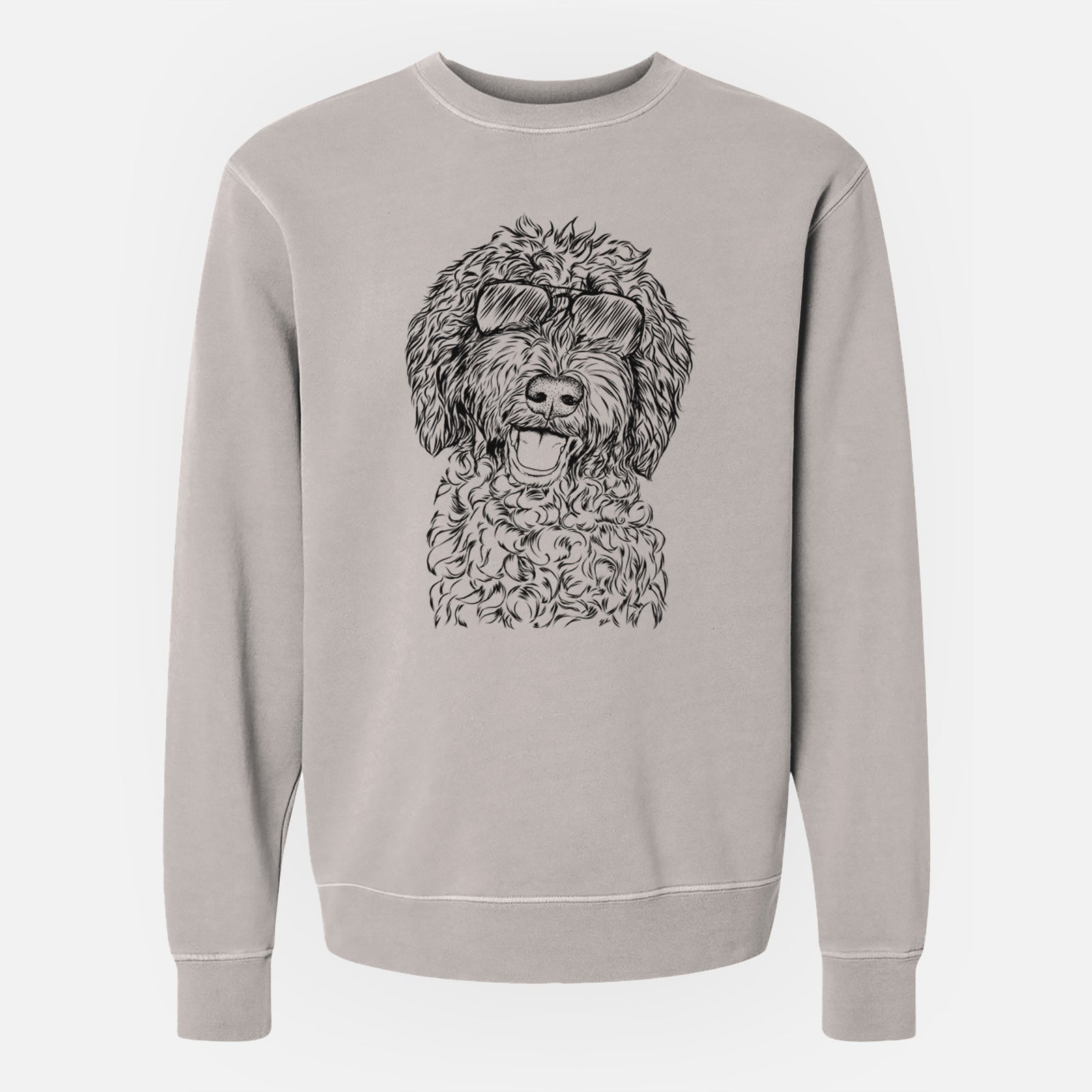 Hand-drawn sketch of Jack the Chocolate Labradoodle wearing aviator sunglasses on a Cement Unisex pigment dyed crew sweatshirt