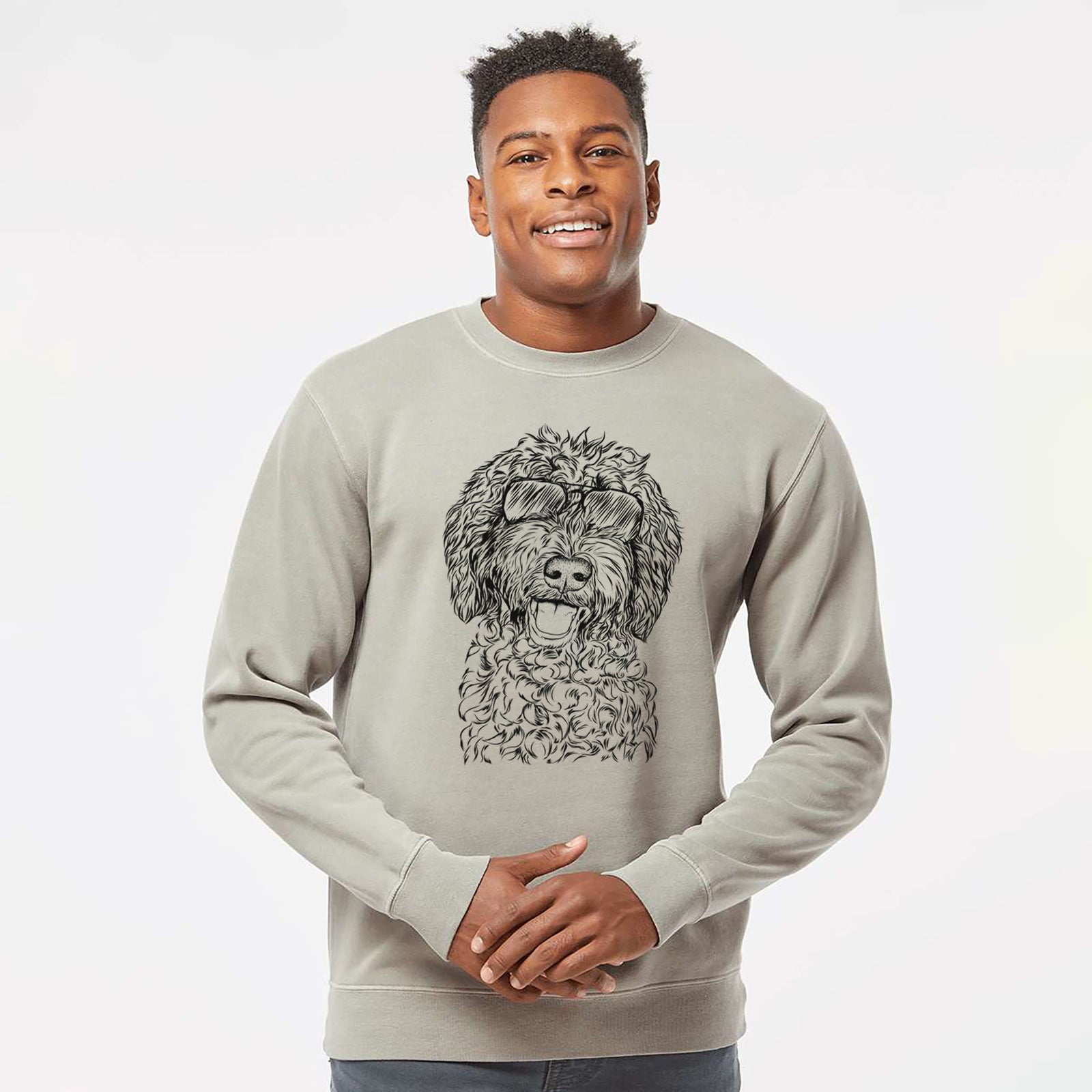 Hand-drawn sketch of Jack the Chocolate Labradoodle wearing aviator sunglasses on a Cement Unisex pigment dyed crew sweatshirt
