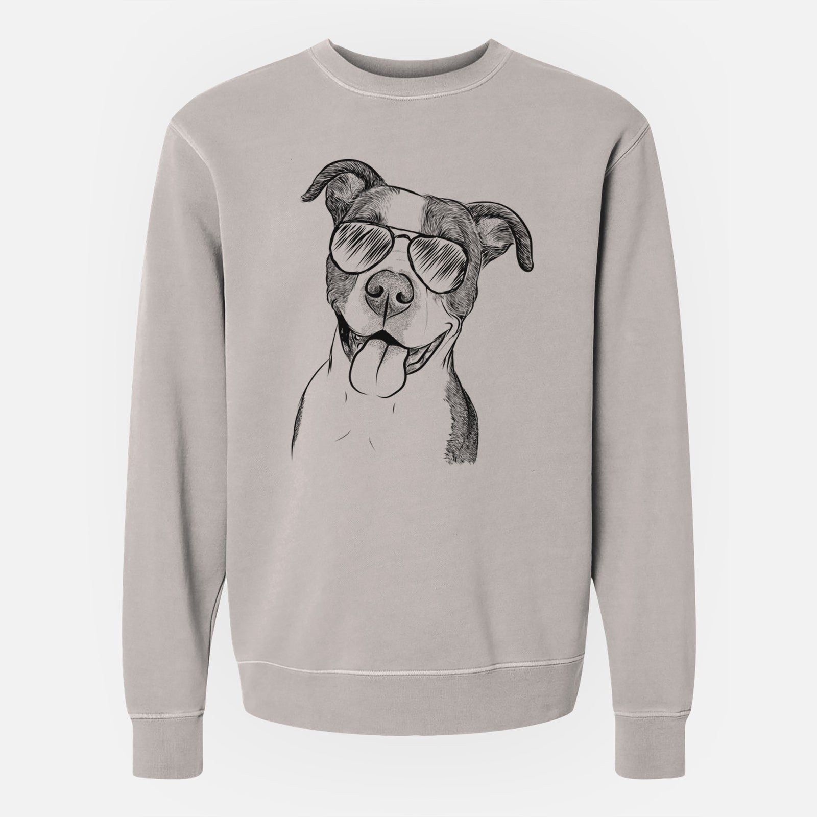 Hand-drawn sketch of Jax the American Pitbull Terrier Mix wearing aviator sunglasses on a Cement Unisex pigment dyed crew sweatshirt