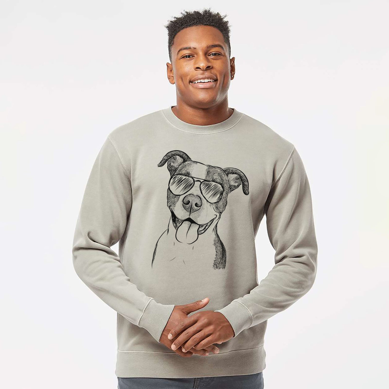 Hand-drawn sketch of Jax the American Pitbull Terrier Mix wearing aviator sunglasses on a Cement Unisex pigment dyed crew sweatshirt