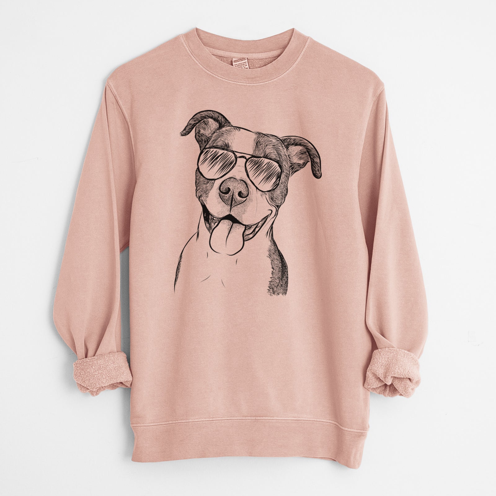 Hand-drawn sketch of Jax the American Pitbull Terrier Mix wearing aviator sunglasses on a Dusty Pink Unisex pigment dyed crew sweatshirt