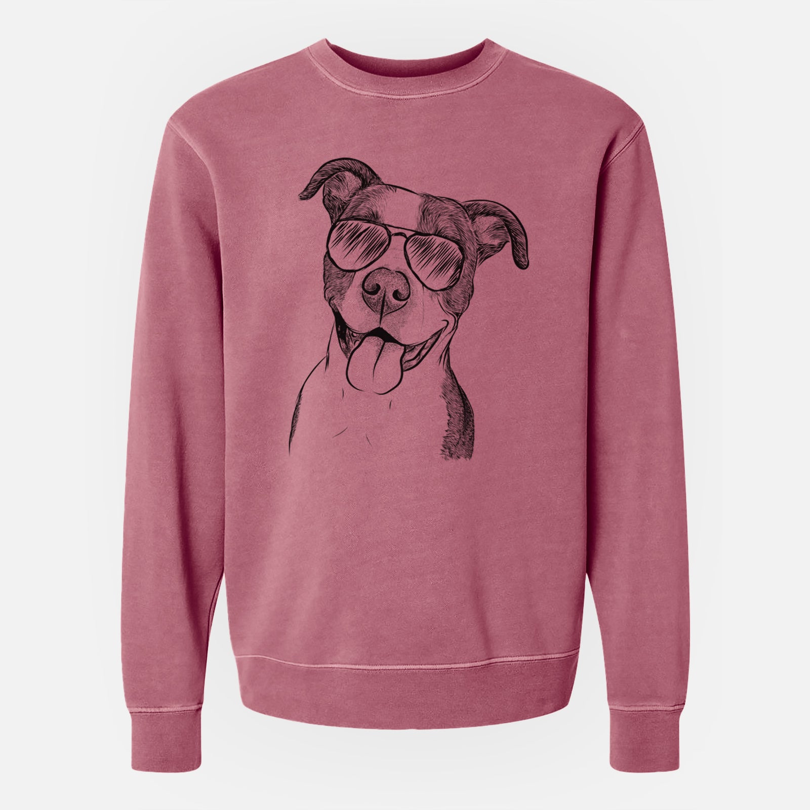 Hand-drawn sketch of Jax the American Pitbull Terrier Mix wearing aviator sunglasses on a Maroon Unisex pigment dyed crew sweatshirt