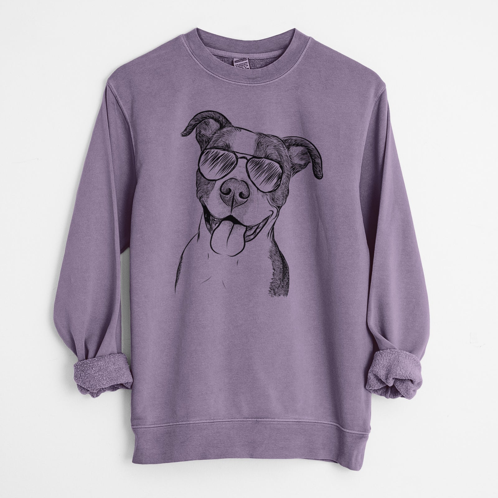 Hand-drawn sketch of Jax the American Pitbull Terrier Mix wearing aviator sunglasses on a Plum Unisex pigment dyed crew sweatshirt