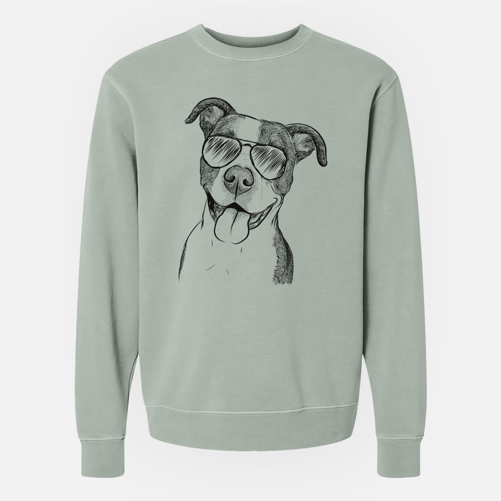 Hand-drawn sketch of Jax the American Pitbull Terrier Mix wearing aviator sunglasses on a Sage Unisex pigment dyed crew sweatshirt
