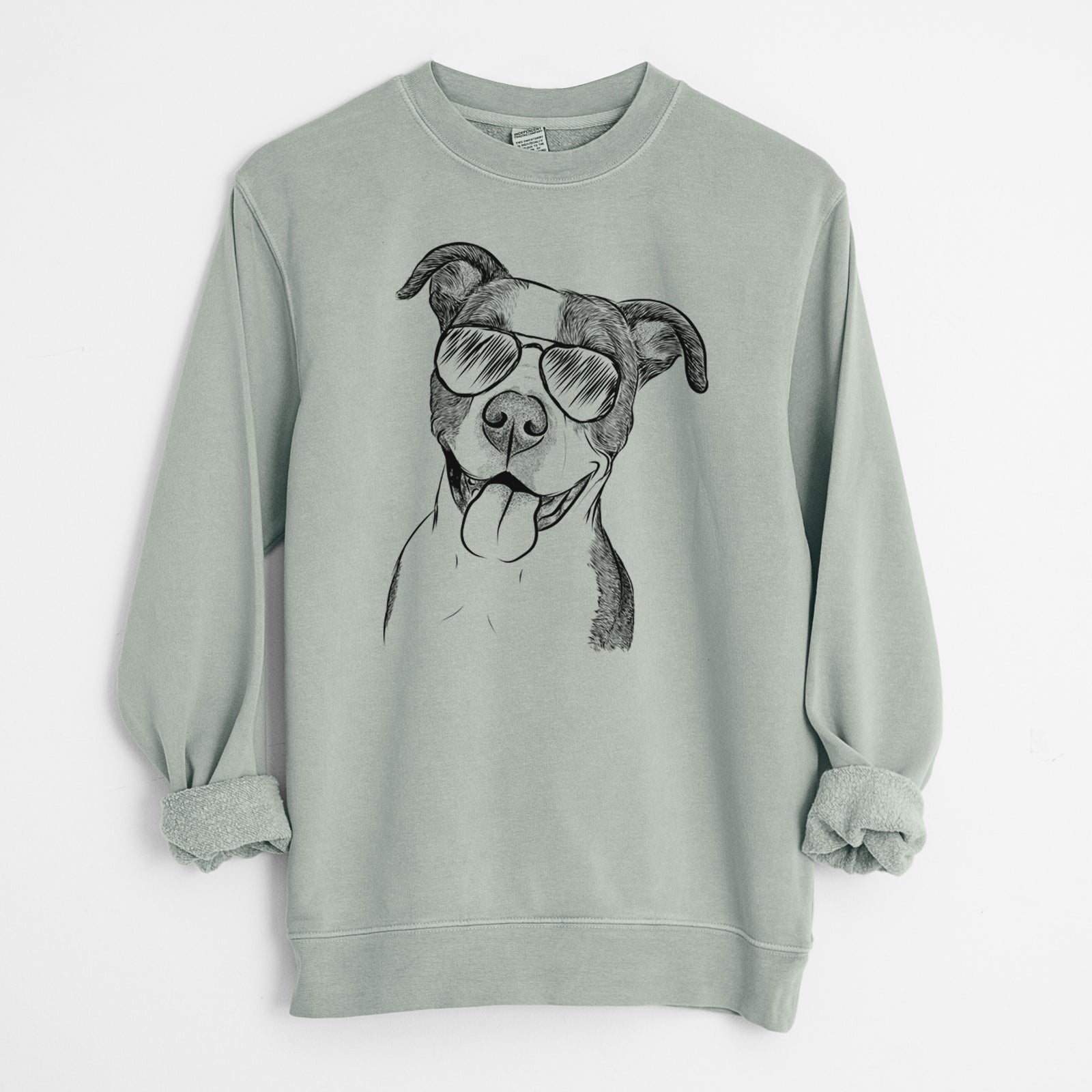 Hand-drawn sketch of Jax the American Pitbull Terrier Mix wearing aviator sunglasses on a Sage Unisex pigment dyed crew sweatshirt