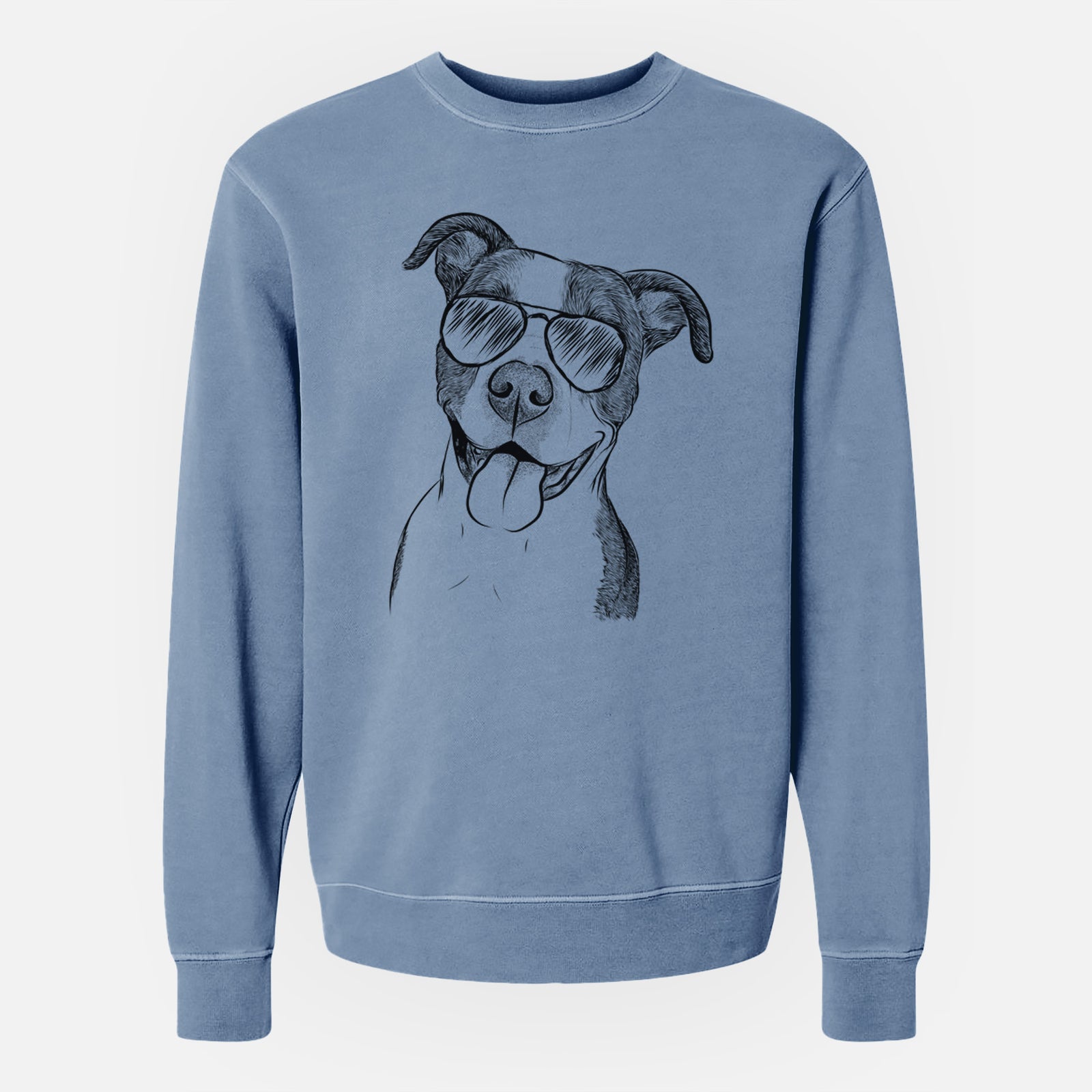 Hand-drawn sketch of Jax the American Pitbull Terrier Mix wearing aviator sunglasses on a Slate Blue Unisex pigment dyed crew sweatshirt