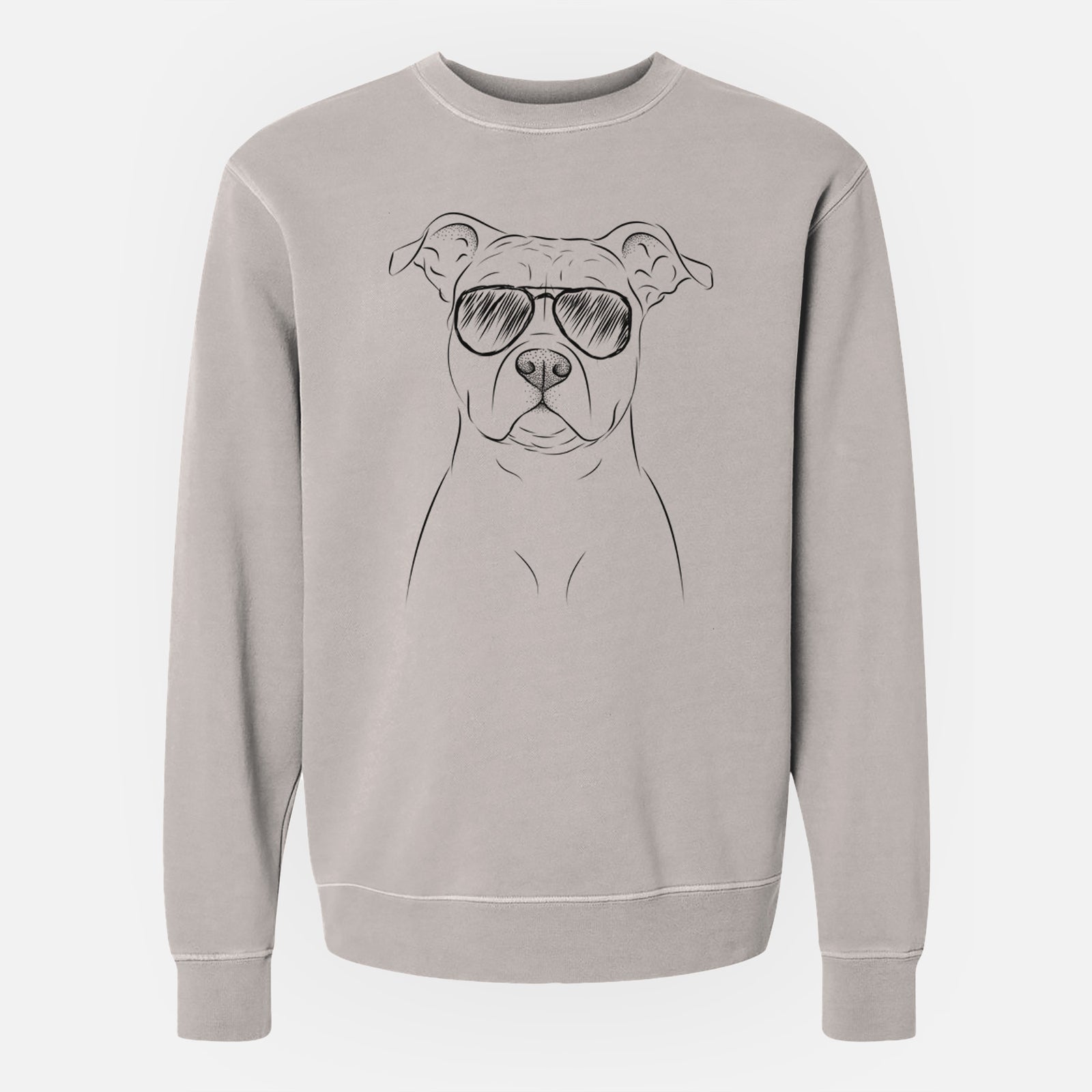 Hand-drawn sketch of Jethro the American Staffordshire Terrier wearing aviator sunglasses on a Cement Unisex pigment dyed crew sweatshirt