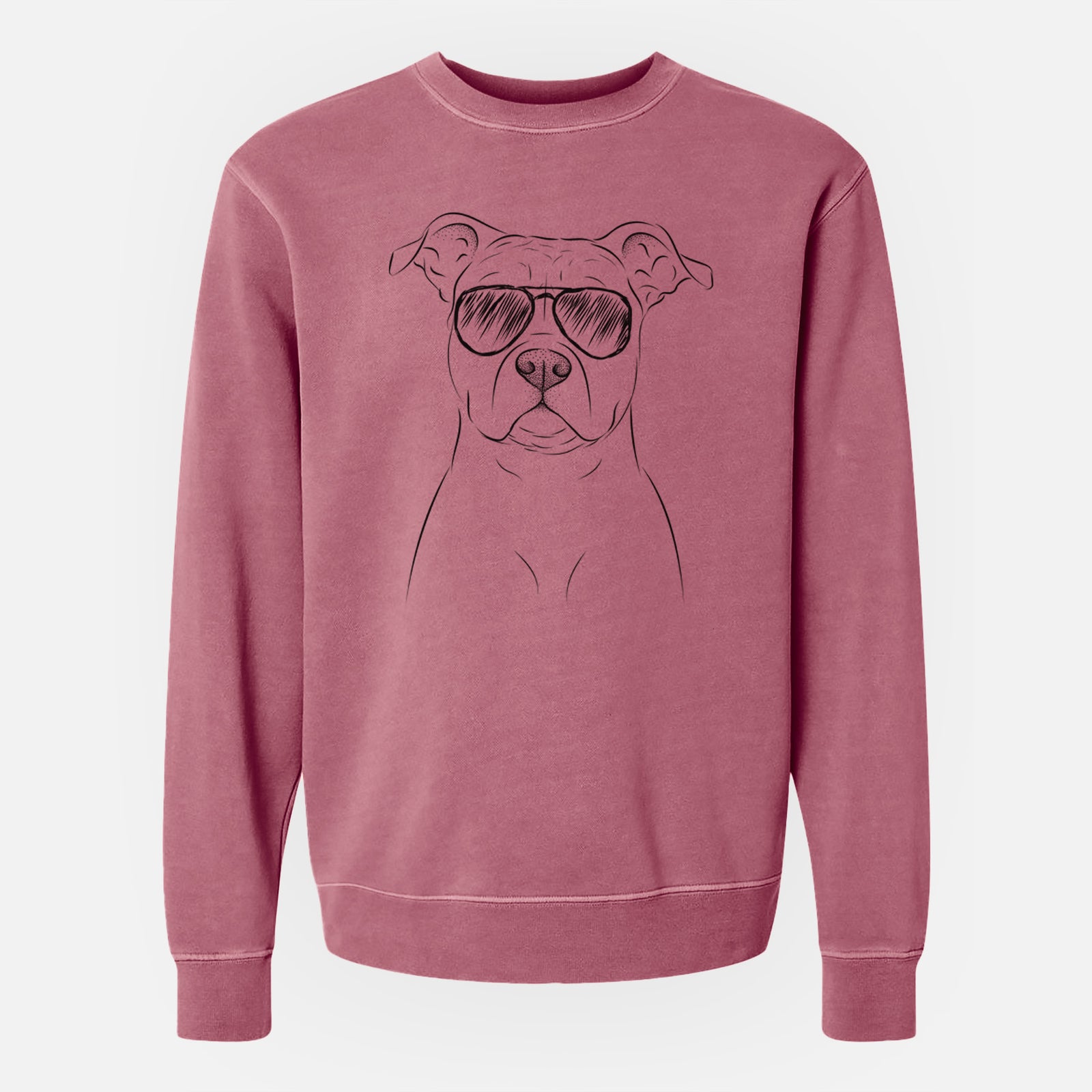Hand-drawn sketch of Jethro the American Staffordshire Terrier wearing aviator sunglasses on a Maroon Unisex pigment dyed crew sweatshirt