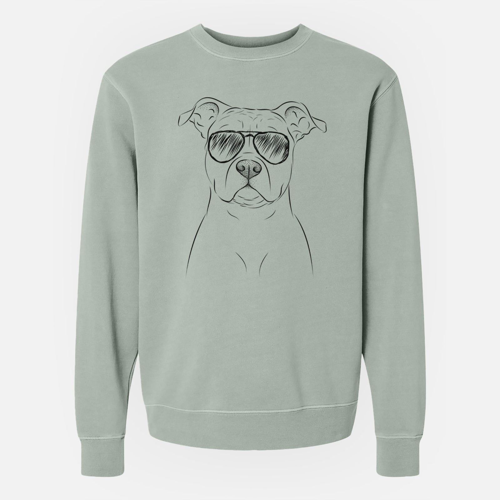 Hand-drawn sketch of Jethro the American Staffordshire Terrier wearing aviator sunglasses on a Sage Unisex pigment dyed crew sweatshirt