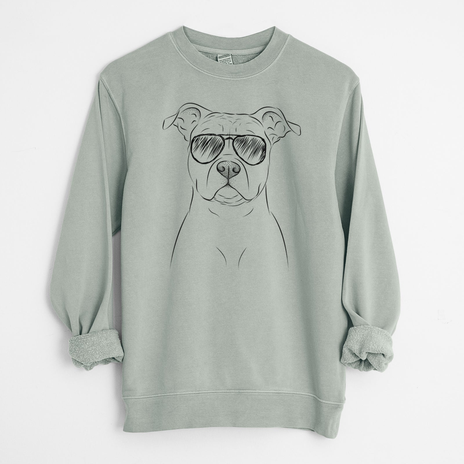 Hand-drawn sketch of Jethro the American Staffordshire Terrier wearing aviator sunglasses on a Sage Unisex pigment dyed crew sweatshirt