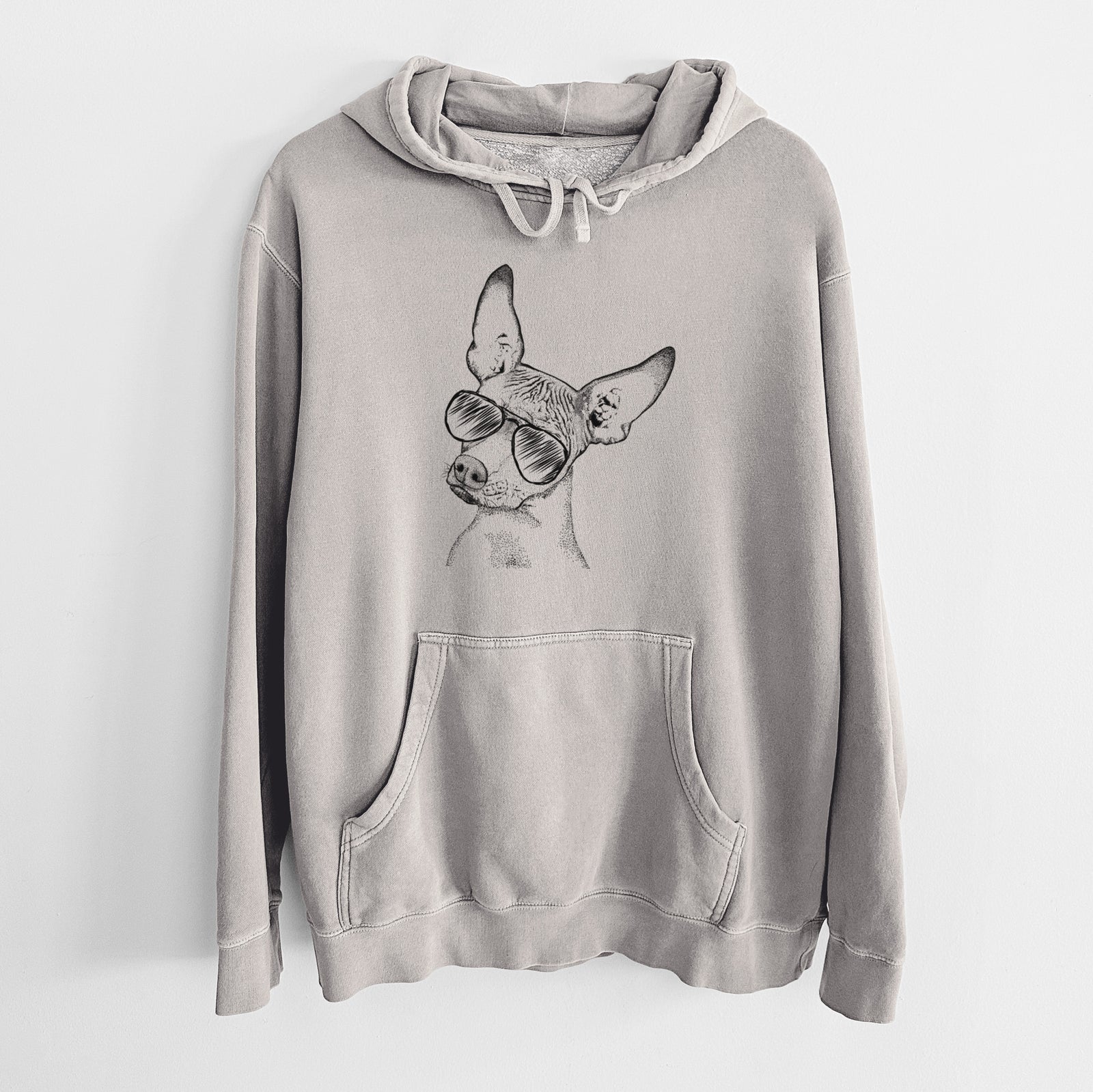 Hand-drawn sketch of Kahlo the Xoloitzcuintli wearing aviator sunglasses on a Cement Unisex pigment dyed hoodie