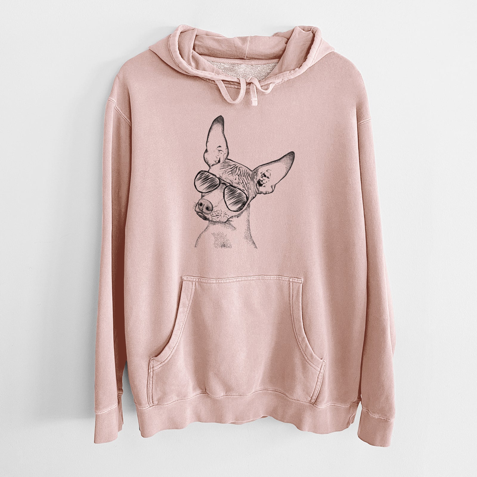 Hand-drawn sketch of Kahlo the Xoloitzcuintli wearing aviator sunglasses on a Dusty Pink Unisex pigment dyed hoodie