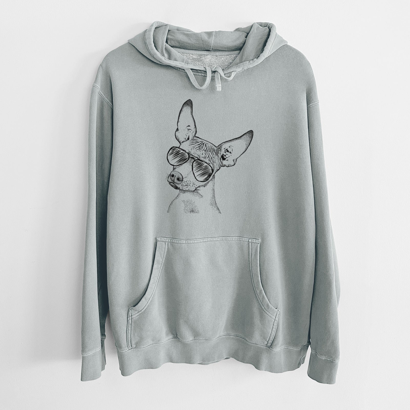 Hand-drawn sketch of Kahlo the Xoloitzcuintli wearing aviator sunglasses on a Sage Unisex pigment dyed hoodie