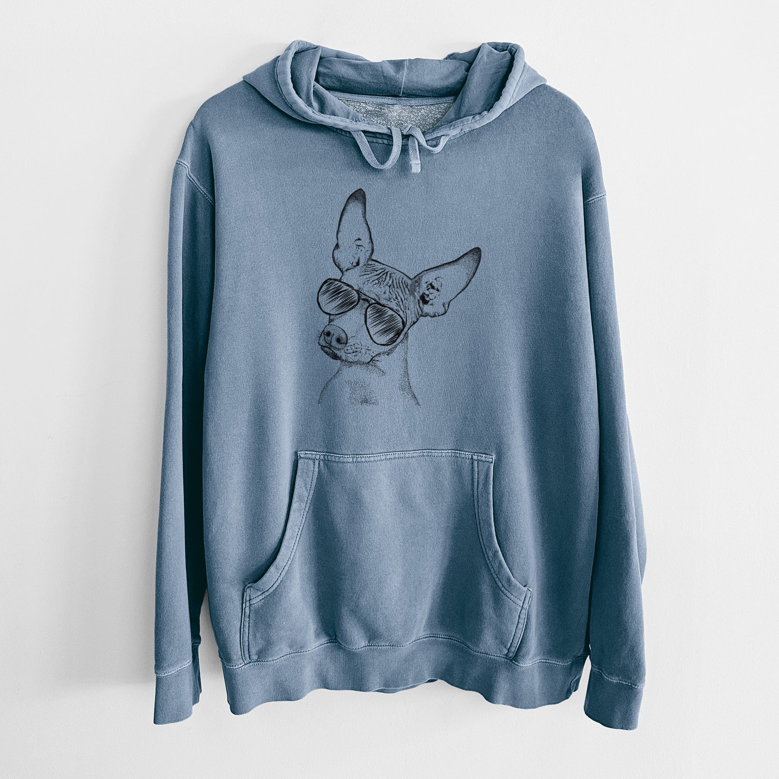 Hand-drawn sketch of Kahlo the Xoloitzcuintli wearing aviator sunglasses on a Slate Blue Unisex pigment dyed hoodie