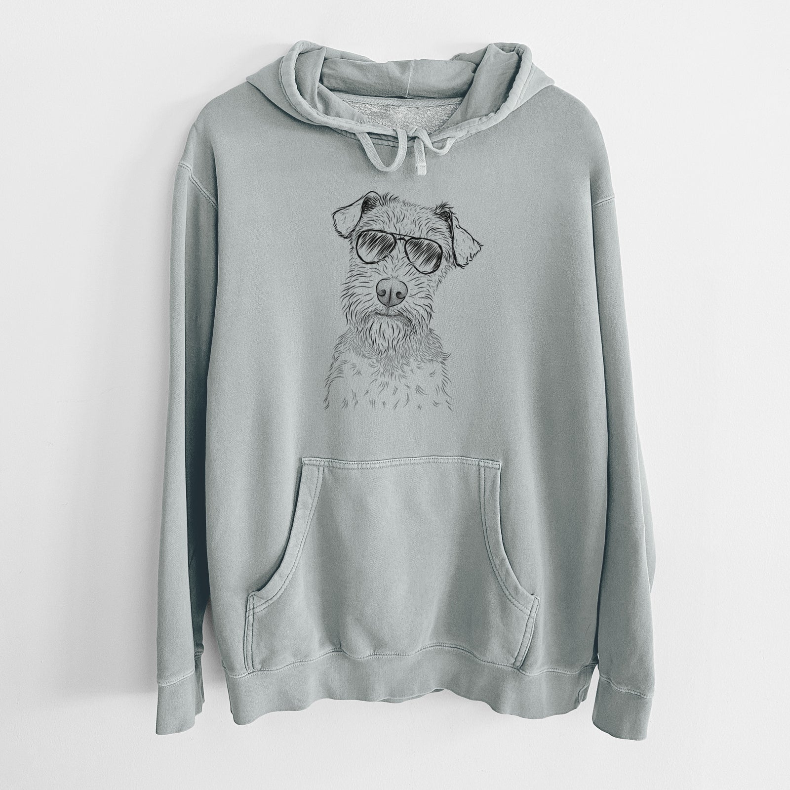 Hand-drawn sketch of Kiara the Welsh Terrier wearing aviator sunglasses on a Sage Unisex pigment dyed hoodie