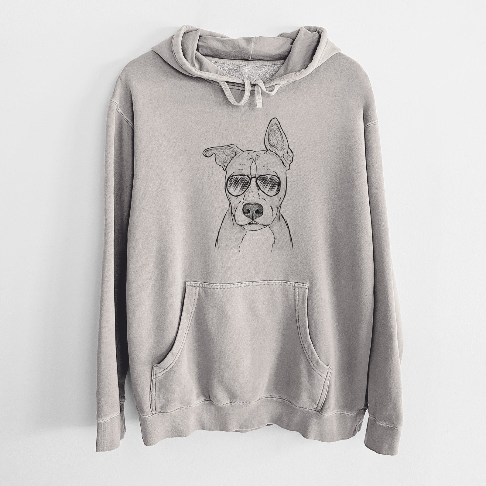 Hand-drawn sketch of Kisses the Pitbull wearing aviator sunglasses on a Cement Unisex pigment dyed hoodie