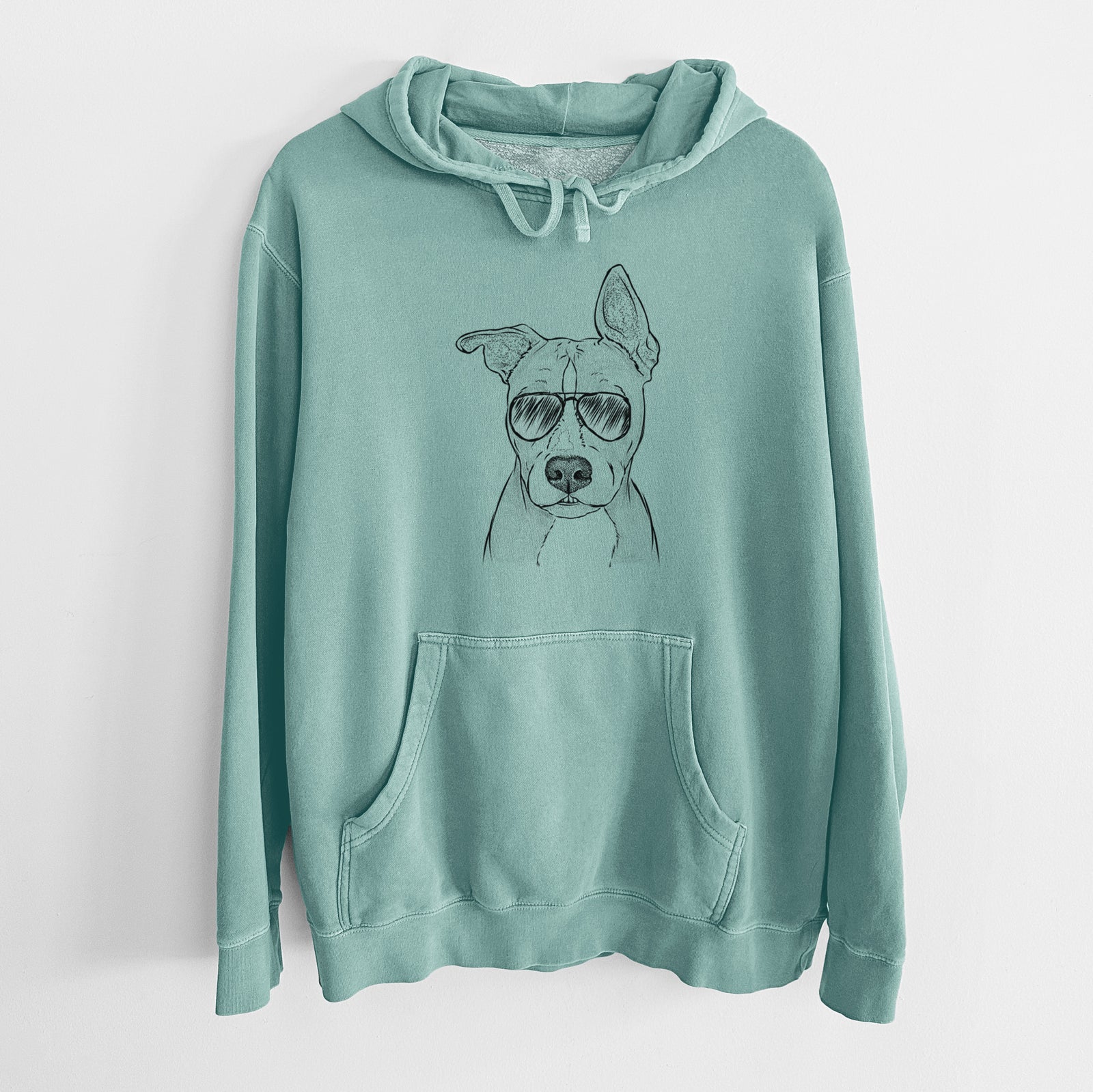 Hand-drawn sketch of Kisses the Pitbull wearing aviator sunglasses on a Mint Unisex pigment dyed hoodie