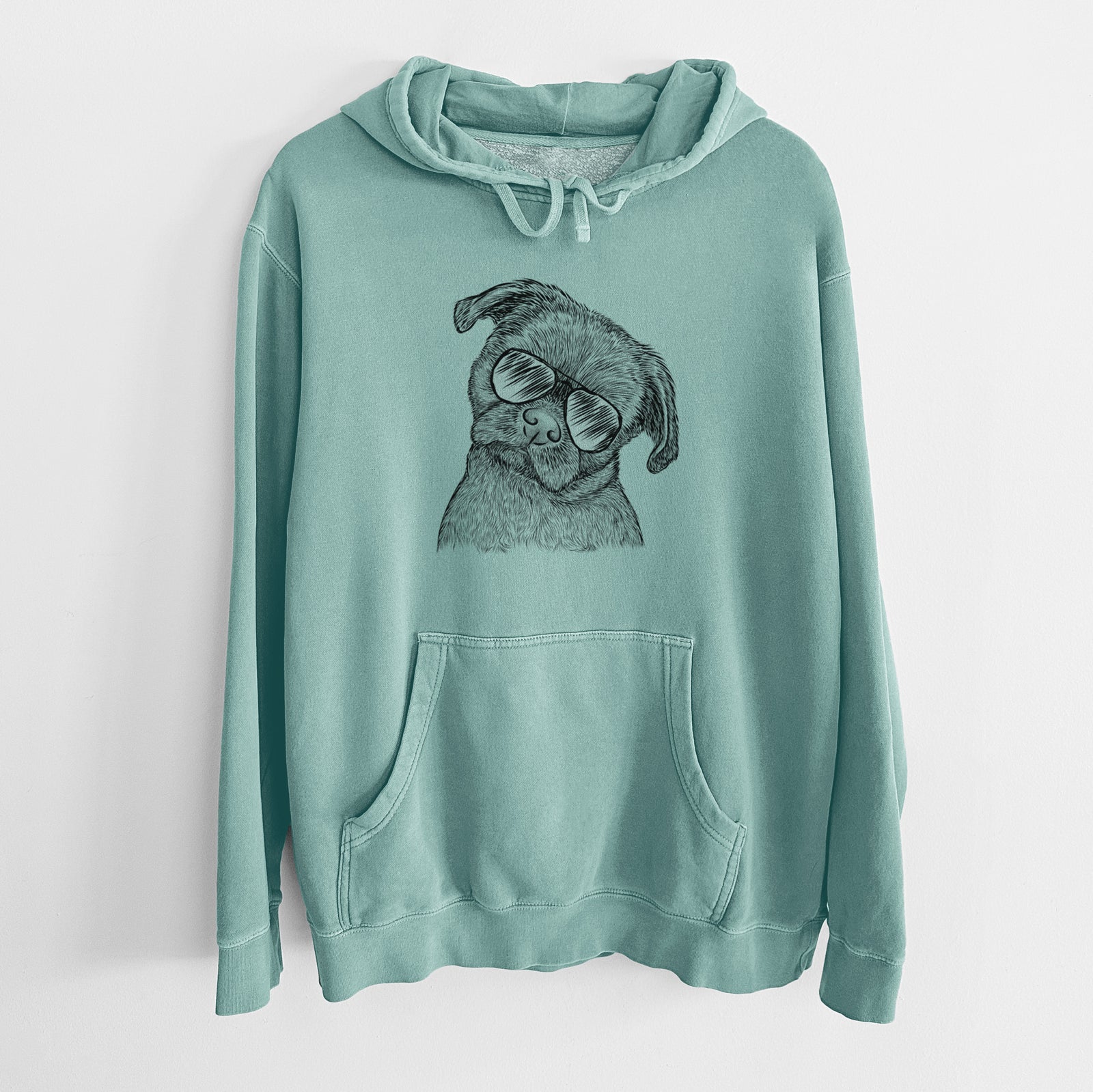 Hand-drawn sketch of Koko the Shih Tzu wearing aviator sunglasses on a Mint Unisex pigment dyed hoodie