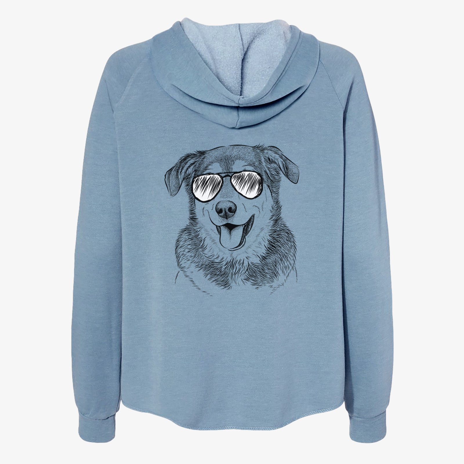 Hand-drawn sketch of Lance the Lab/Shepherd Mix wearing aviator sunglasses on a Misty Blue Women's cali wave zip-up sweatshirt