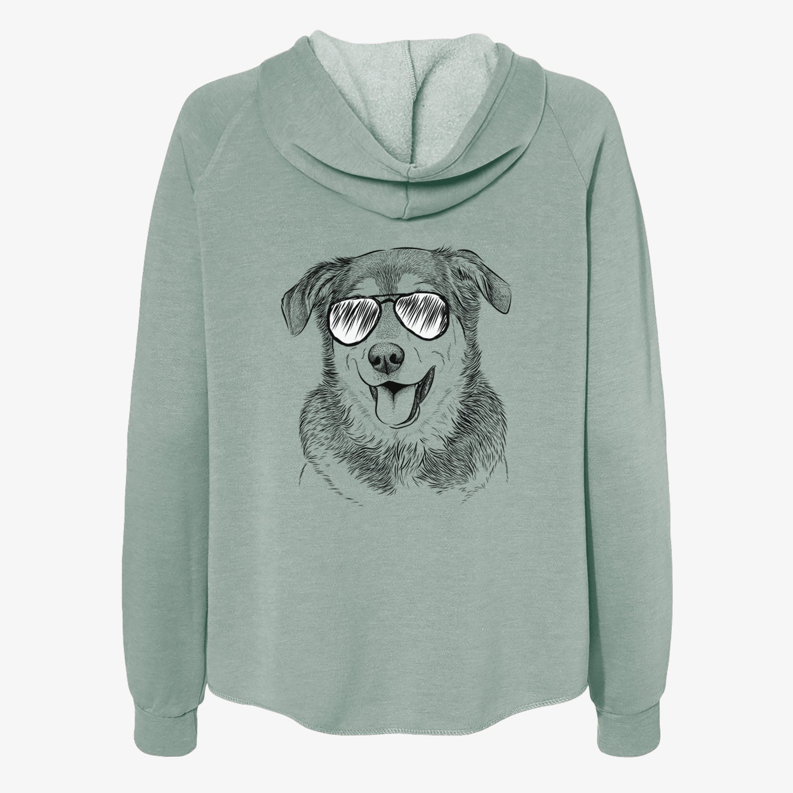 Hand-drawn sketch of Lance the Lab/Shepherd Mix wearing aviator sunglasses on a Sage Women's cali wave zip-up sweatshirt