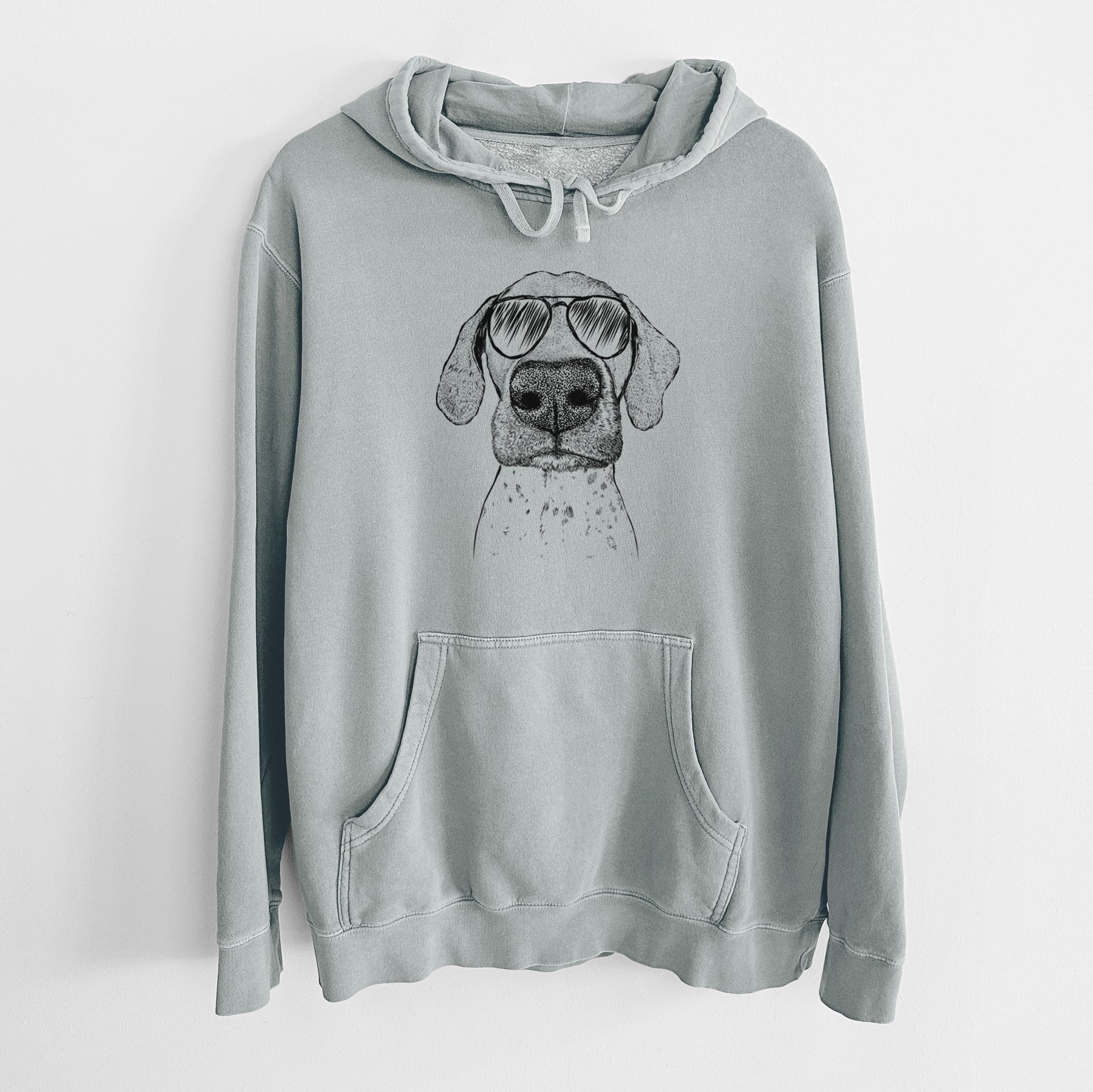 Hand-drawn sketch of Leroy the German Shorthaired Pointer wearing aviator sunglasses on a Sage Unisex pigment dyed hoodie