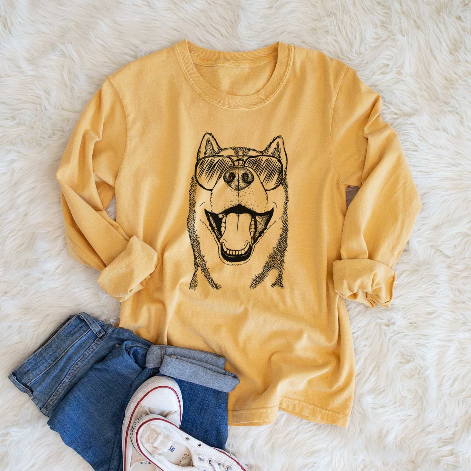 Aviator Little Country the Siberian Husky - Men's Heavyweight 100% Cotton Long Sleeve