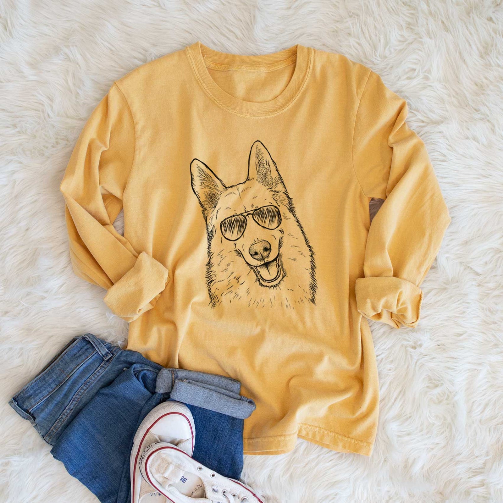 Aviator Loki the Husky Shepherd Mix - Men's Heavyweight 100% Cotton Long Sleeve