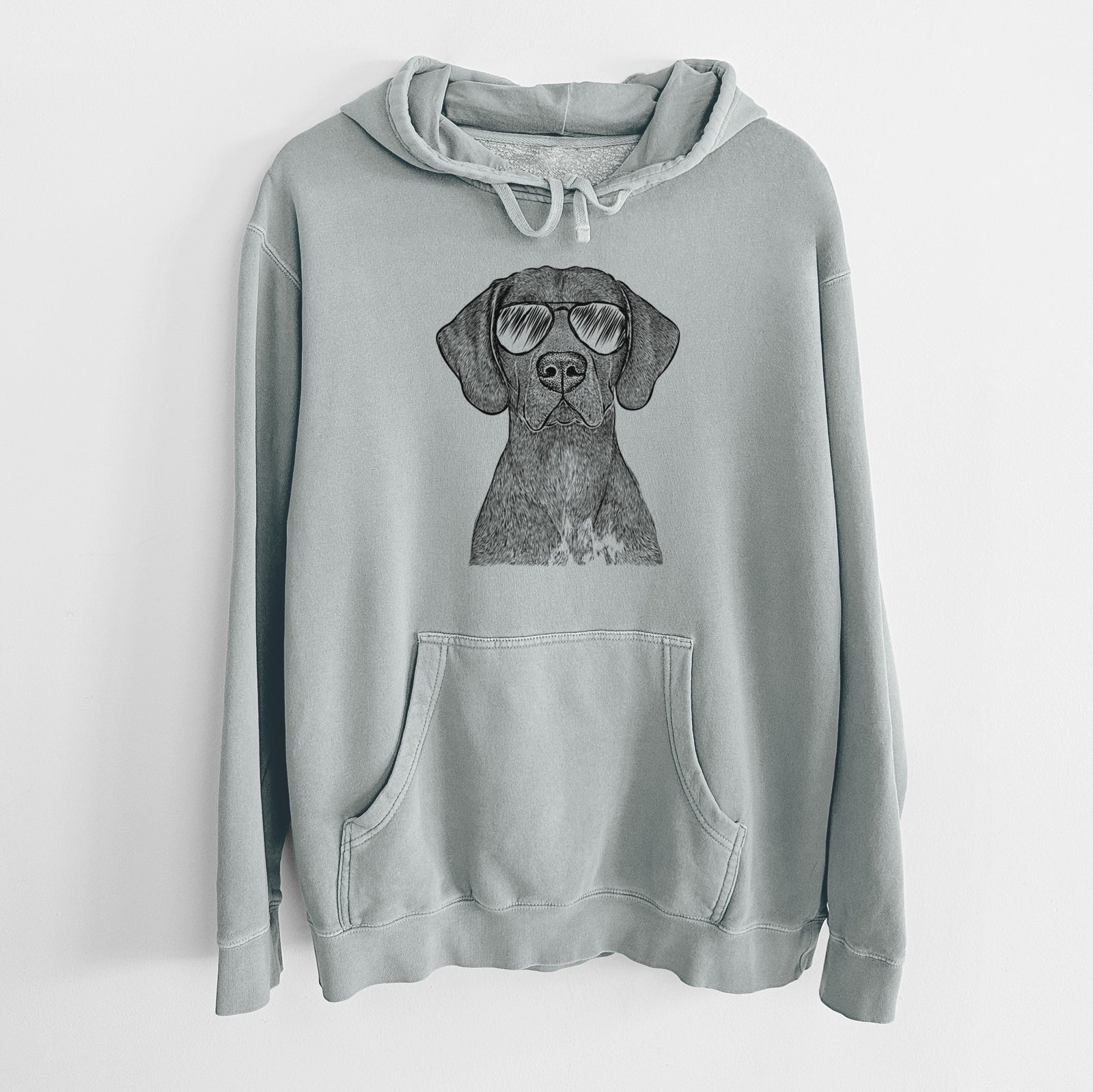 Hand-drawn sketch of Lucifer the German Shorthaired Pointer wearing aviator sunglasses on a Sage Unisex pigment dyed hoodie