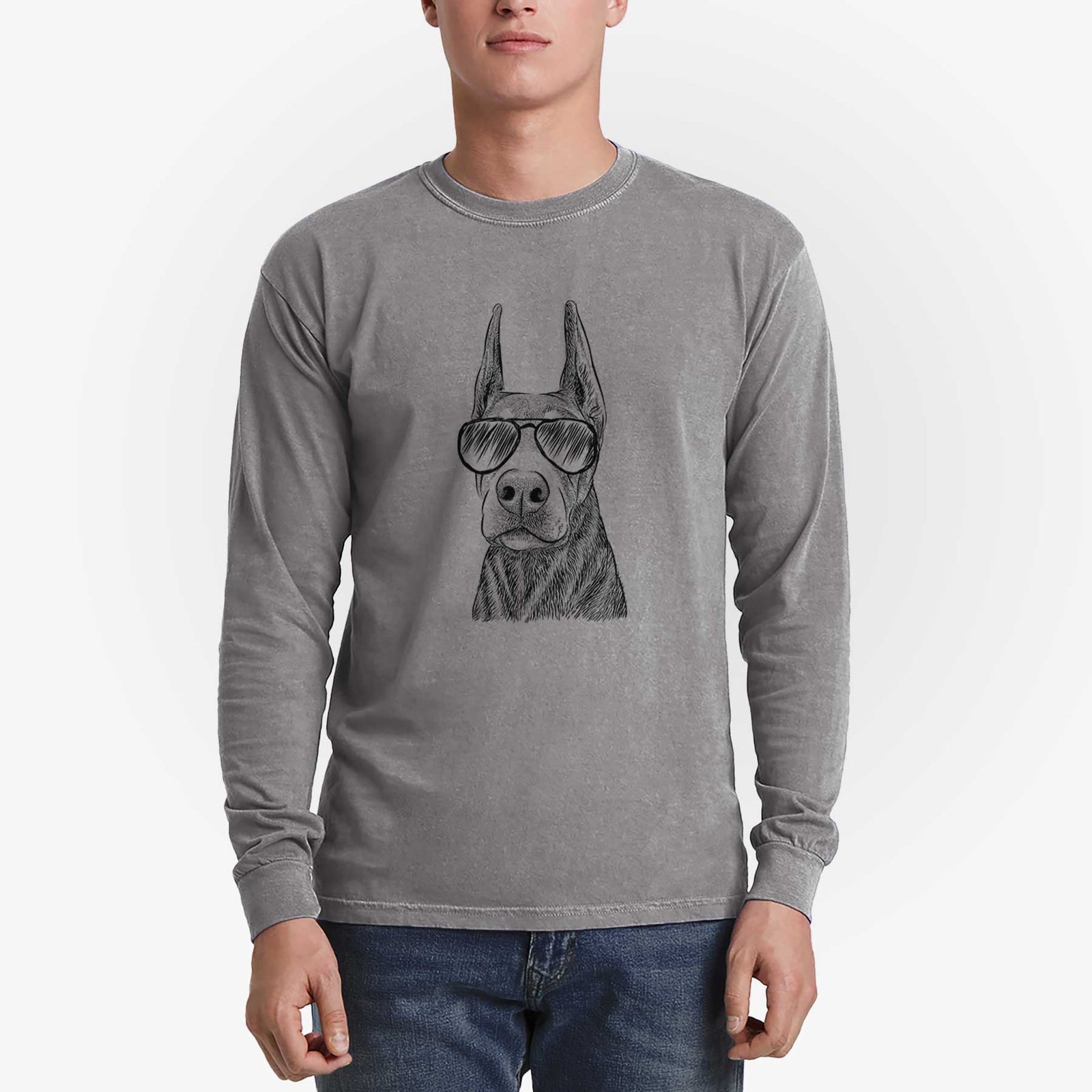 Aviator Luna the Doberman Pinscher - Men's Heavyweight 100% Cotton Long Sleeve
