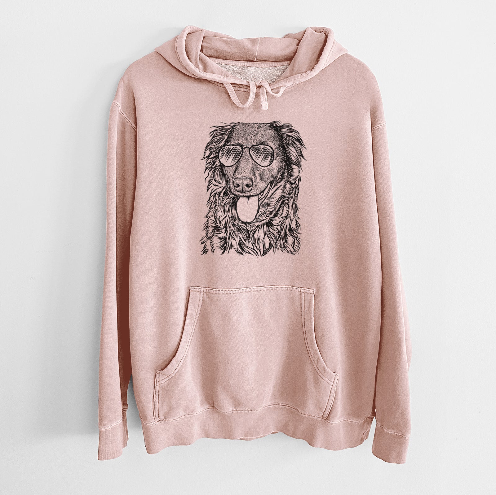 Hand-drawn sketch of Maisie Mae the Aussiedor wearing aviator sunglasses on a Dusty Pink Unisex pigment dyed hoodie