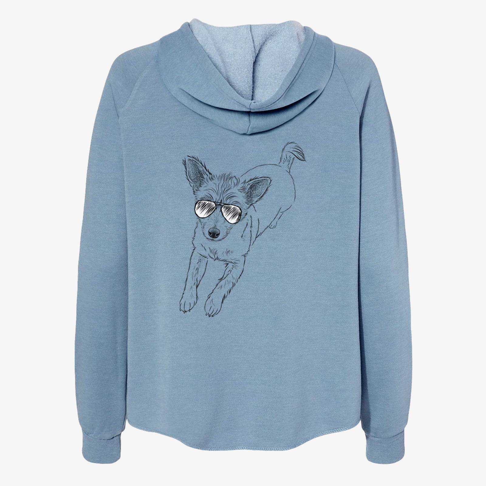 Hand-drawn sketch of Maisie the Terrier Mix wearing aviator sunglasses on a Misty Blue Women's cali wave zip-up sweatshirt