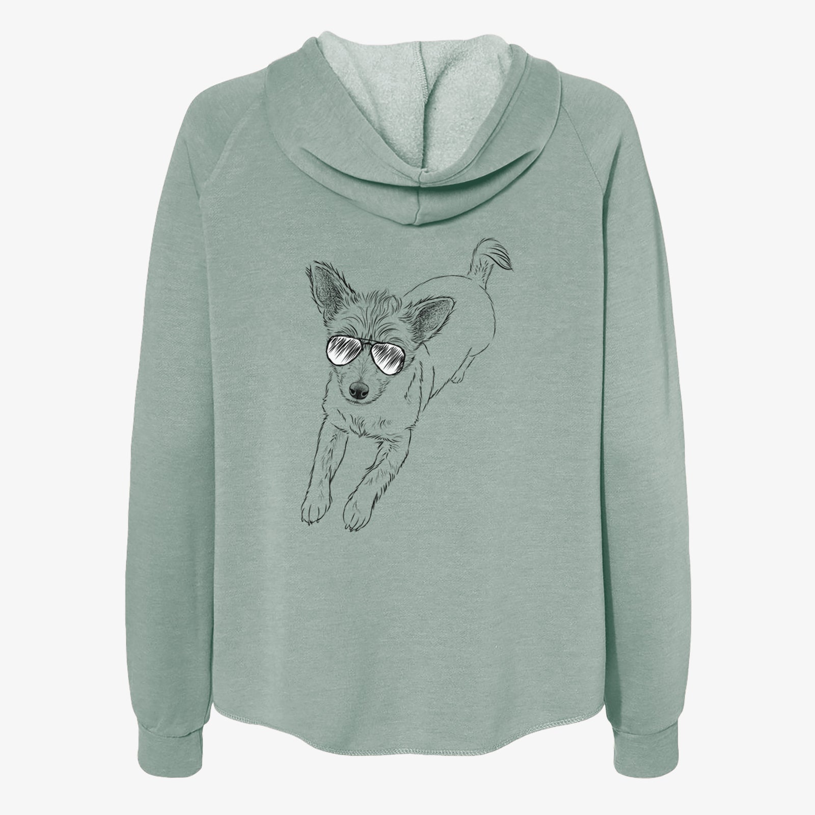 Hand-drawn sketch of Maisie the Terrier Mix wearing aviator sunglasses on a Sage Women's cali wave zip-up sweatshirt