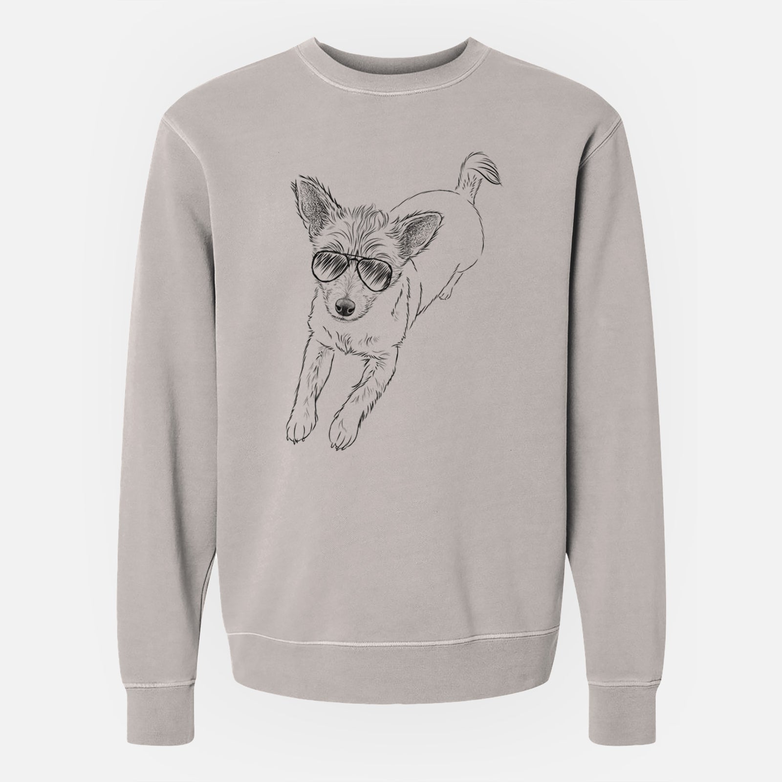 Hand-drawn sketch of Maisie the Terrier Mix wearing aviator sunglasses on a Cement Unisex pigment dyed crew sweatshirt