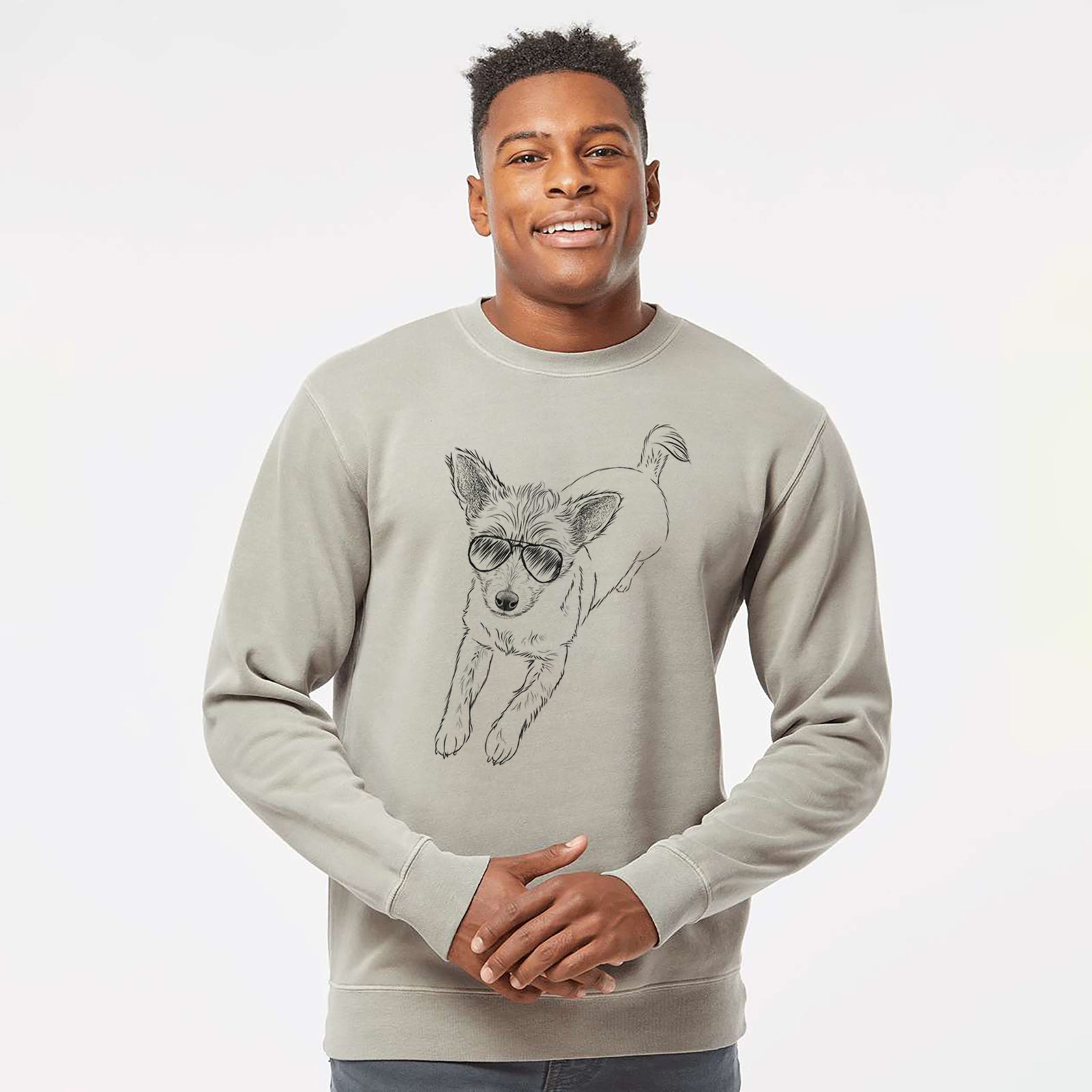 Hand-drawn sketch of Maisie the Terrier Mix wearing aviator sunglasses on a Cement Unisex pigment dyed crew sweatshirt