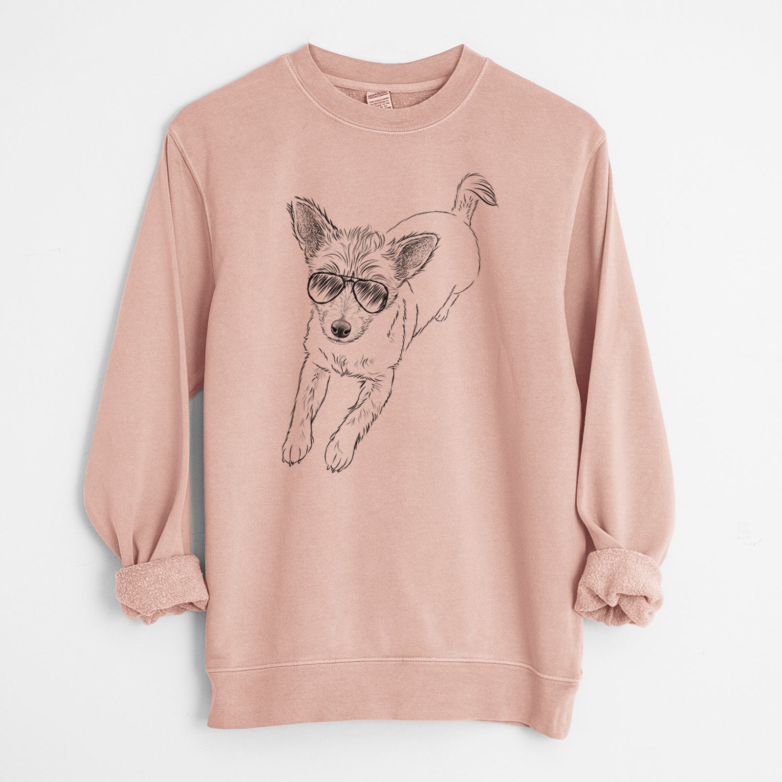Hand-drawn sketch of Maisie the Terrier Mix wearing aviator sunglasses on a Dusty Pink Unisex pigment dyed crew sweatshirt