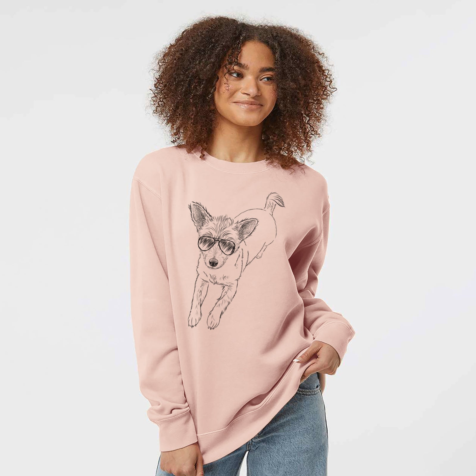 Hand-drawn sketch of Maisie the Terrier Mix wearing aviator sunglasses on a Dusty Pink Unisex pigment dyed crew sweatshirt