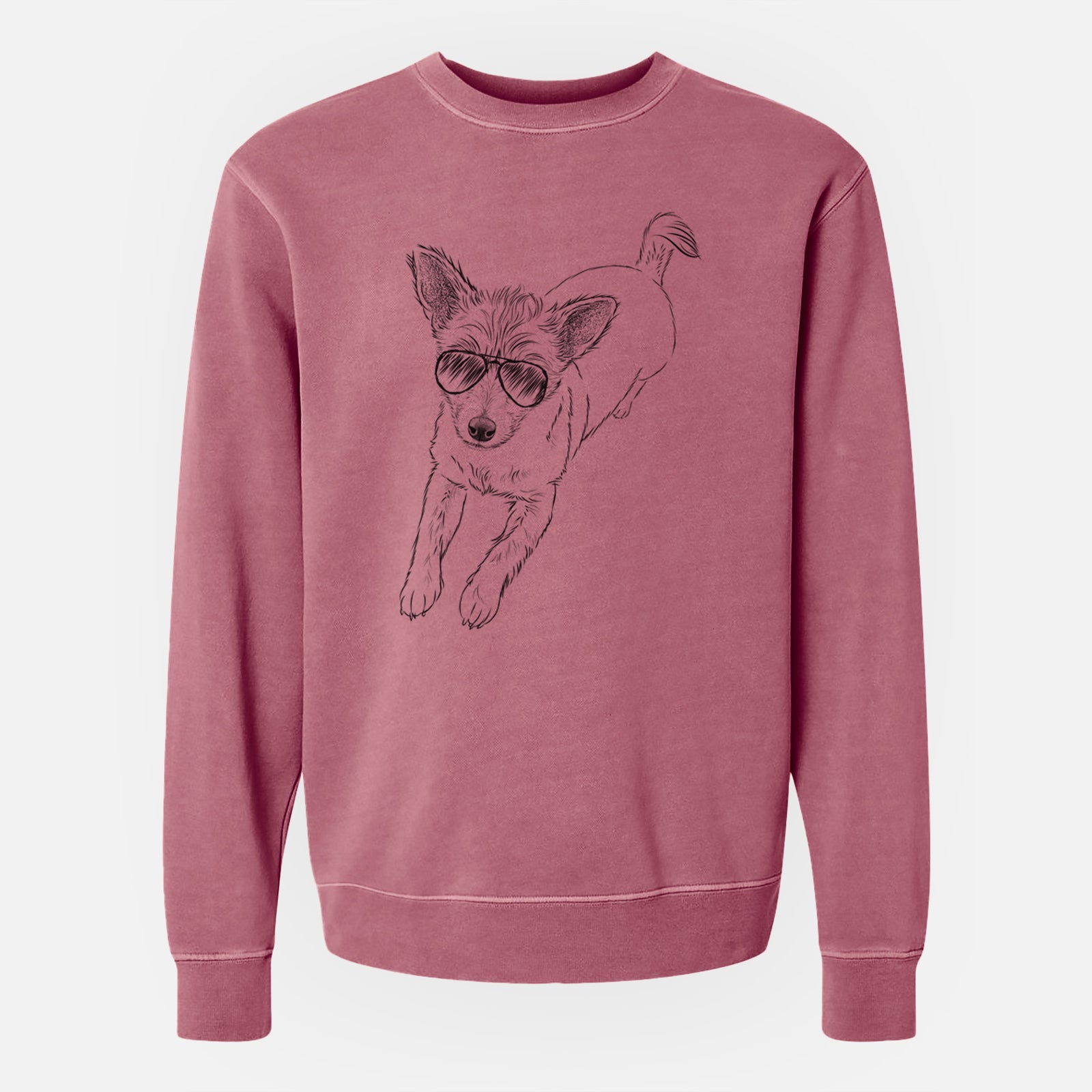 Hand-drawn sketch of Maisie the Terrier Mix wearing aviator sunglasses on a Maroon Unisex pigment dyed crew sweatshirt