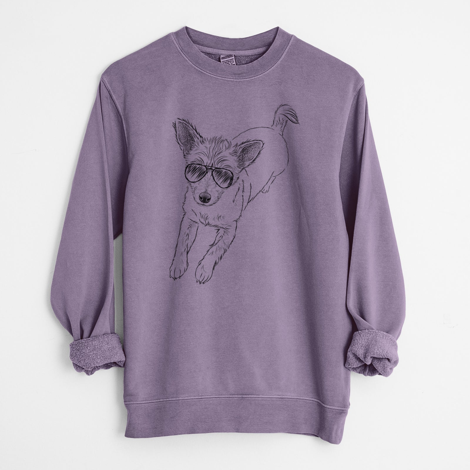 Hand-drawn sketch of Maisie the Terrier Mix wearing aviator sunglasses on a Plum Unisex pigment dyed crew sweatshirt