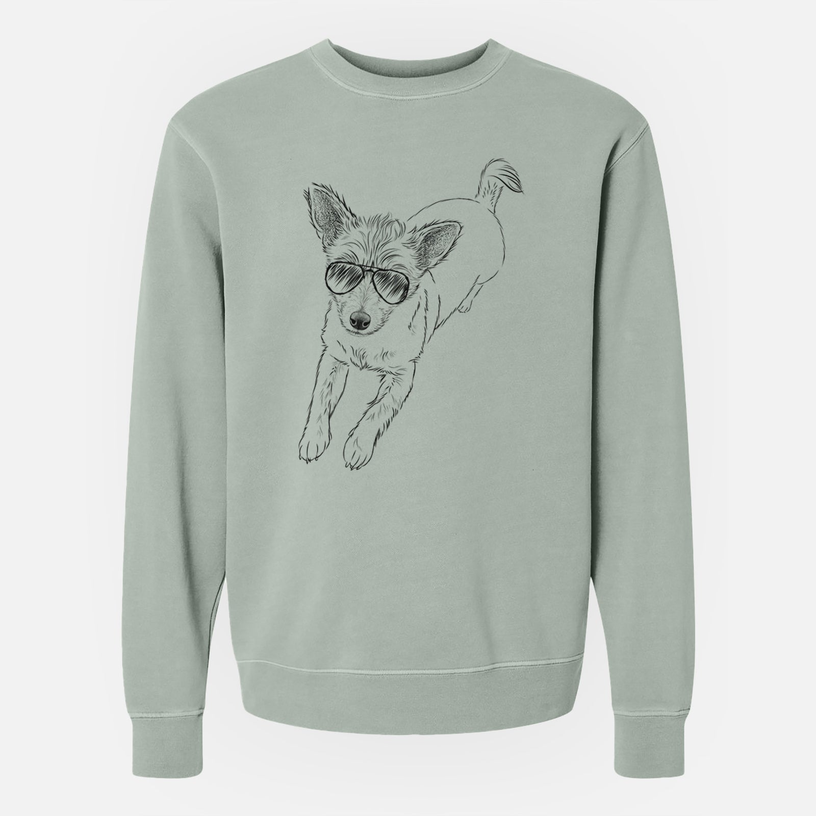 Hand-drawn sketch of Maisie the Terrier Mix wearing aviator sunglasses on a Sage Unisex pigment dyed crew sweatshirt