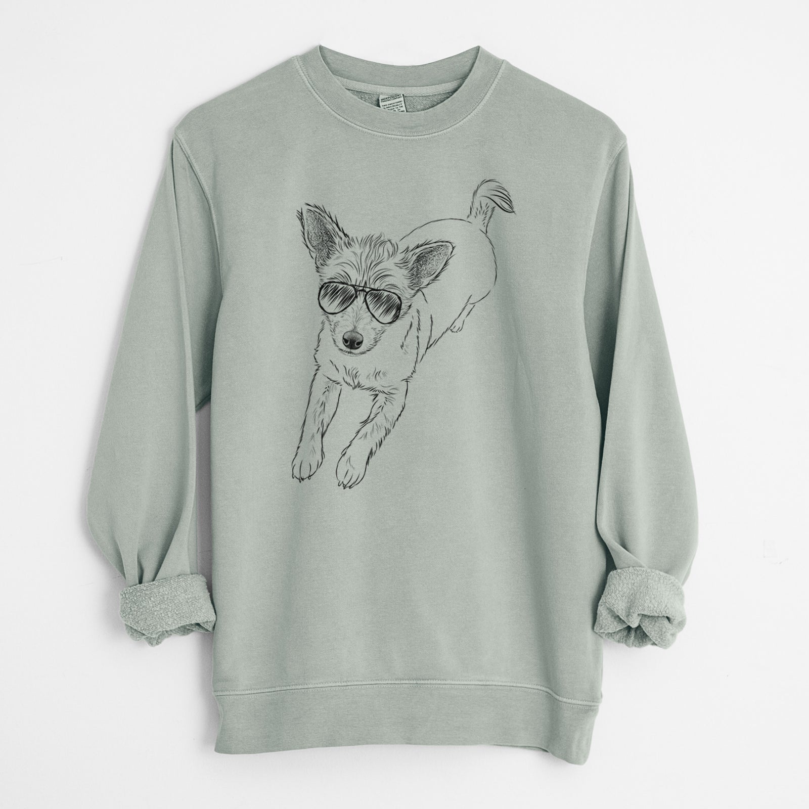 Hand-drawn sketch of Maisie the Terrier Mix wearing aviator sunglasses on a Sage Unisex pigment dyed crew sweatshirt