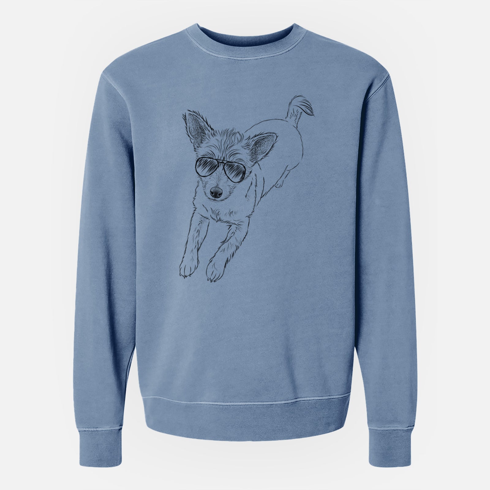 Hand-drawn sketch of Maisie the Terrier Mix wearing aviator sunglasses on a Slate Blue Unisex pigment dyed crew sweatshirt