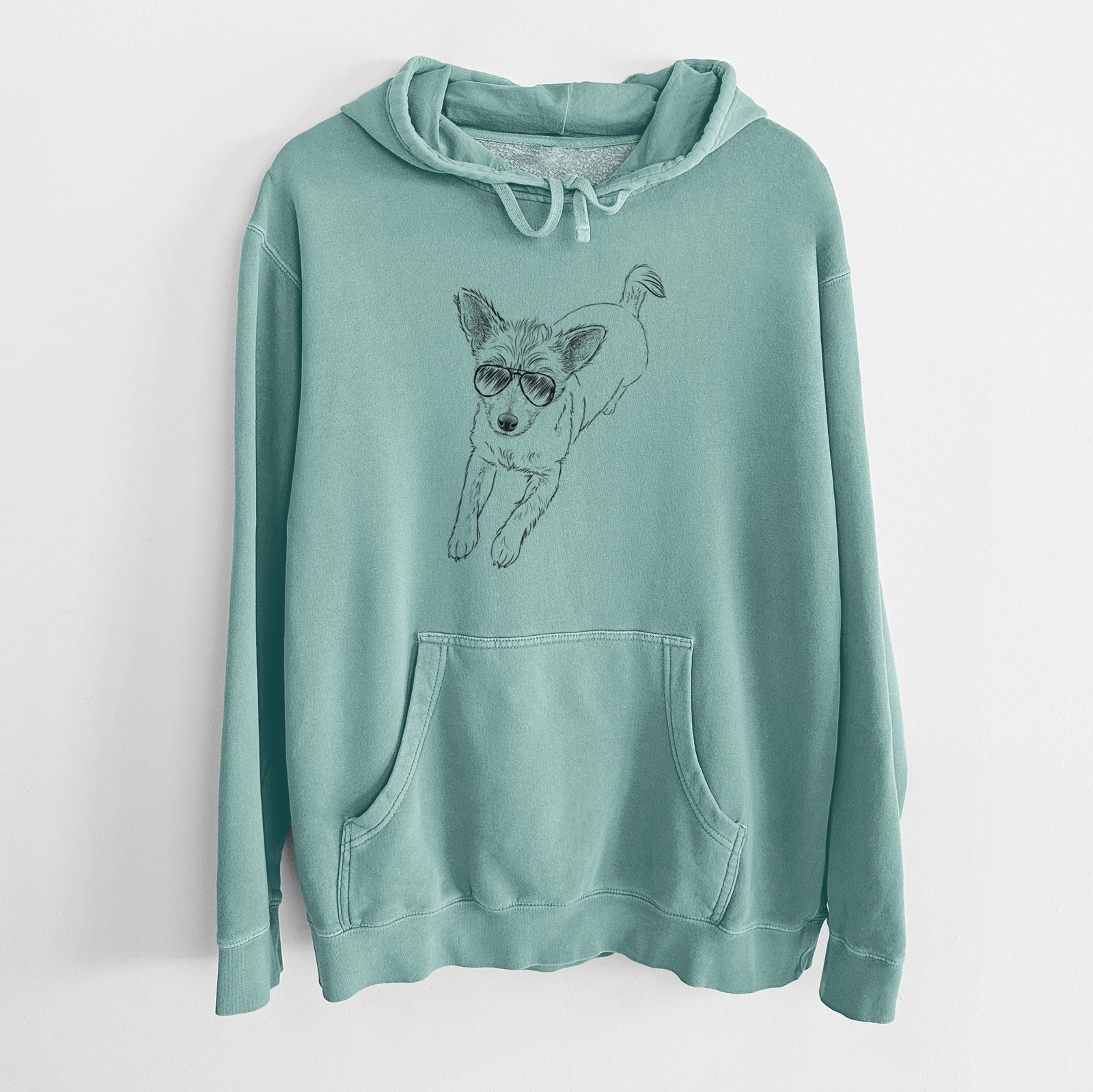 Hand-drawn sketch of Maisie the Terrier Mix wearing aviator sunglasses on a Mint Unisex pigment dyed hoodie