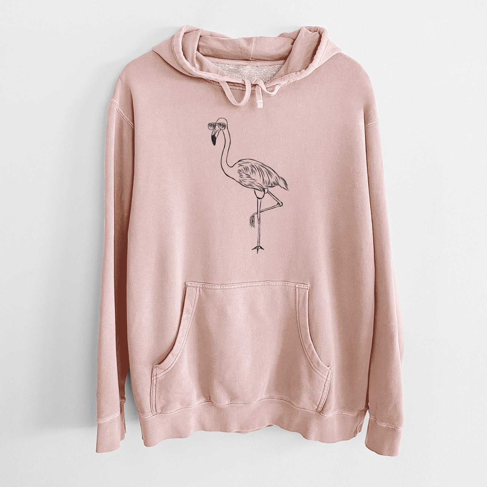 Hand-drawn sketch of Mango the Flamingo wearing aviator sunglasses on a Dusty Pink Unisex pigment dyed hoodie