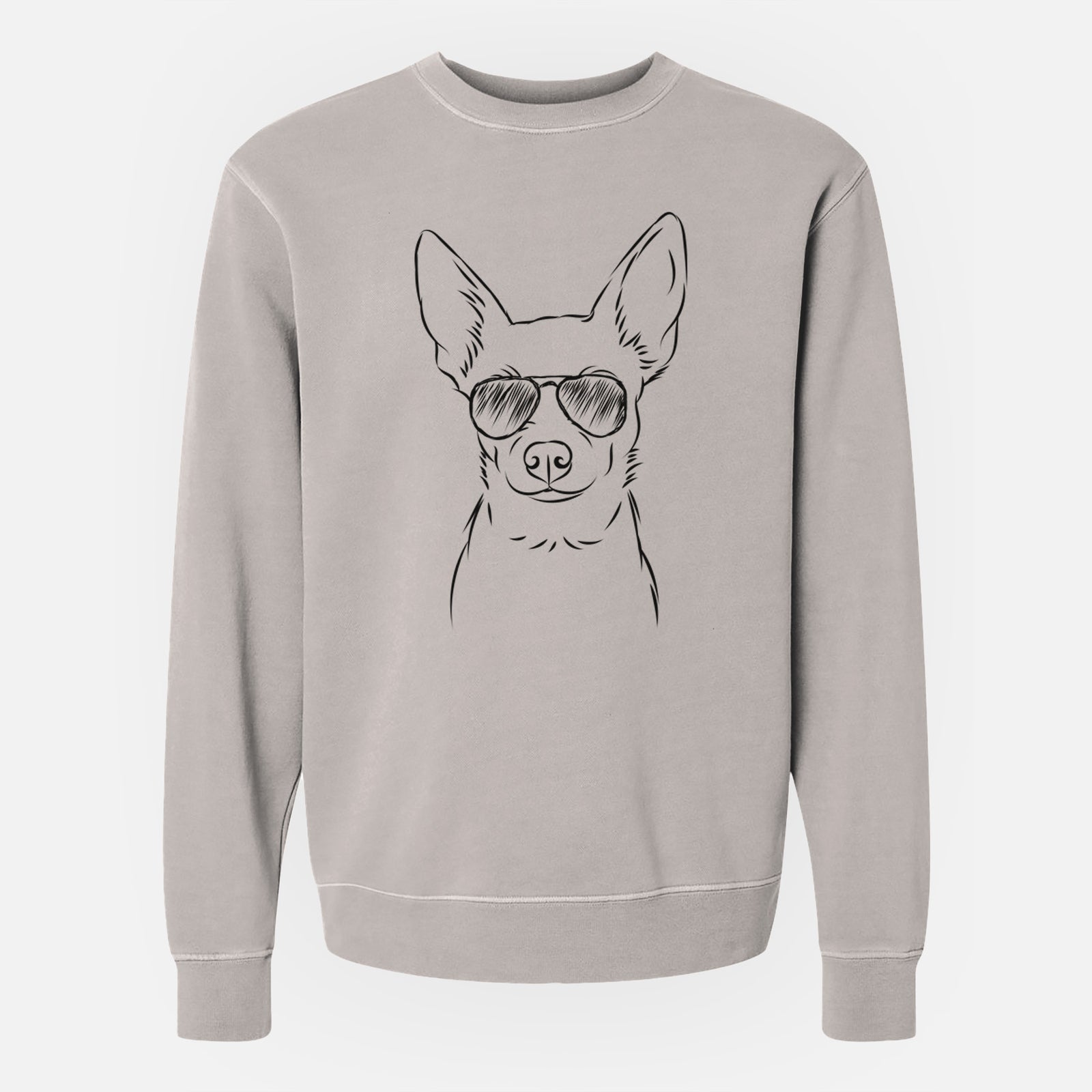 Hand-drawn sketch of Martini the Chihuahua wearing aviator sunglasses on a Cement Unisex pigment dyed crew sweatshirt