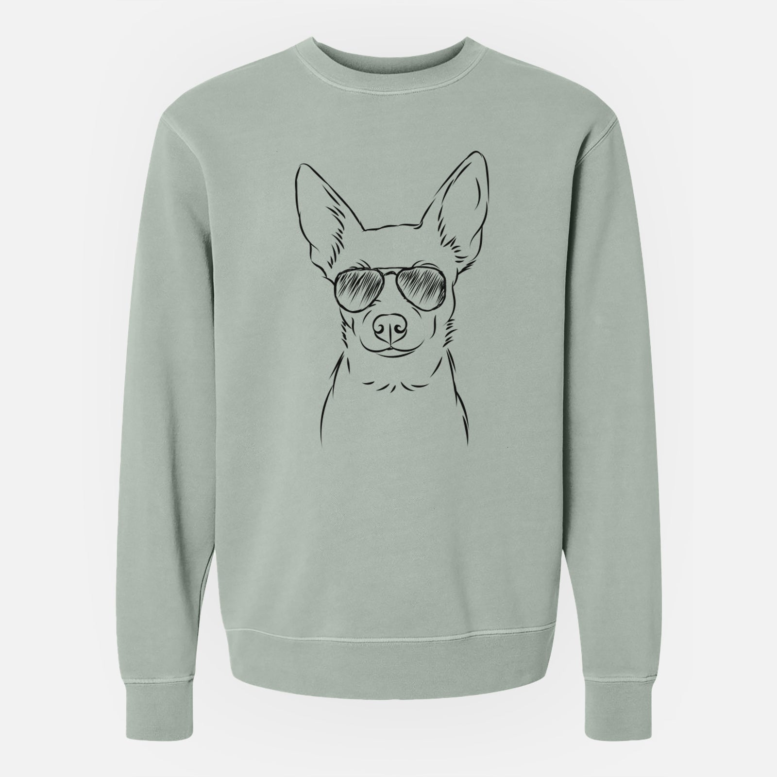Hand-drawn sketch of Martini the Chihuahua wearing aviator sunglasses on a Sage Unisex pigment dyed crew sweatshirt