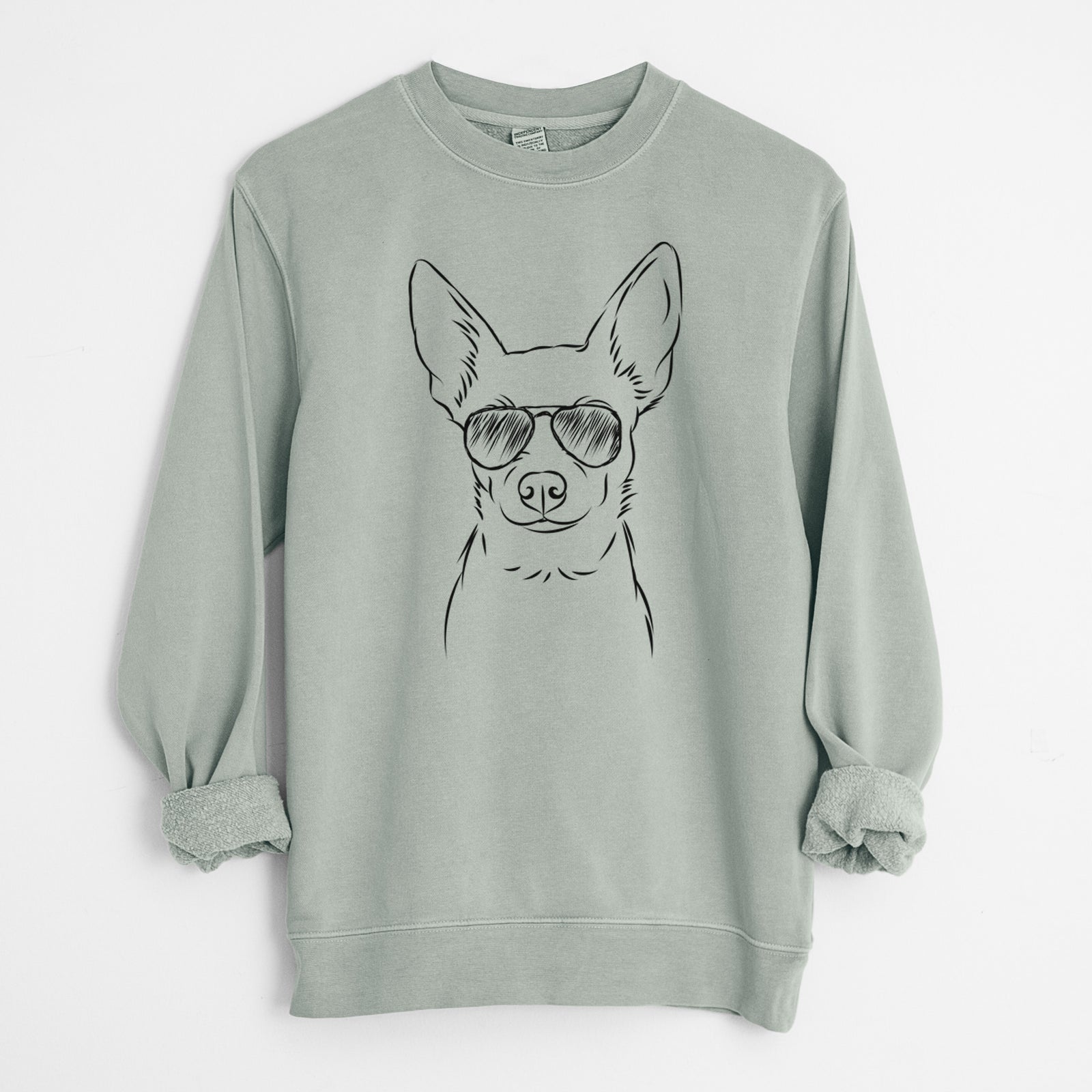 Hand-drawn sketch of Martini the Chihuahua wearing aviator sunglasses on a Sage Unisex pigment dyed crew sweatshirt