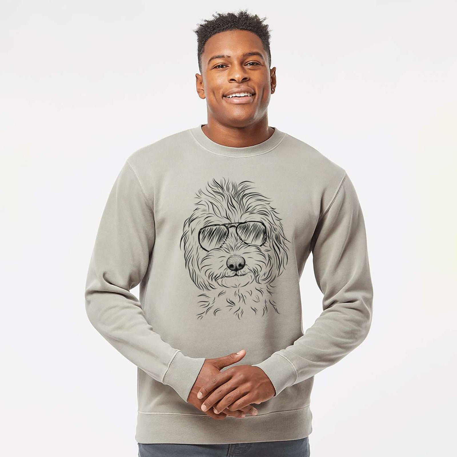 Hand-drawn sketch of Mason the Cavapoo wearing aviator sunglasses on a Cement Unisex pigment dyed crew sweatshirt