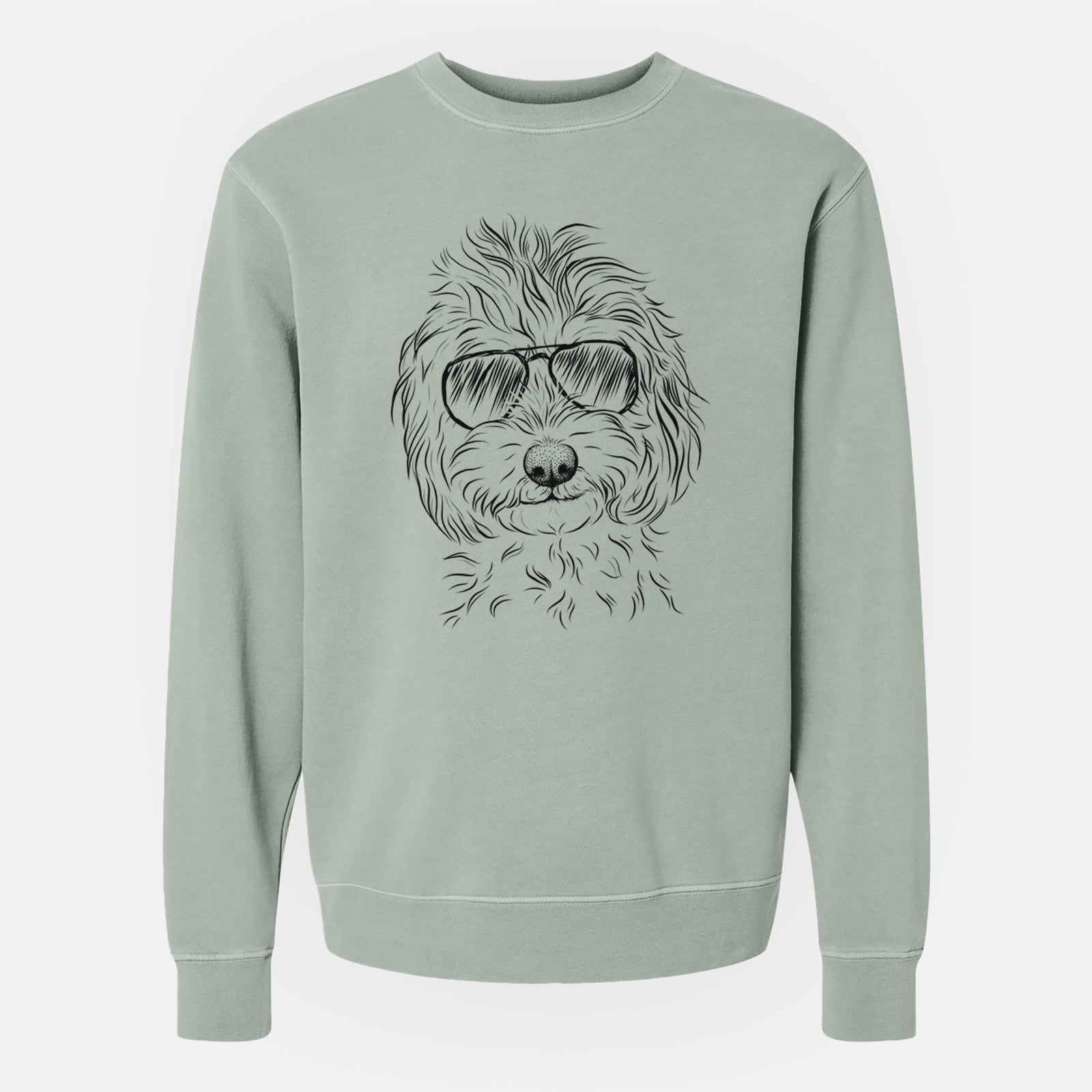 Hand-drawn sketch of Mason the Cavapoo wearing aviator sunglasses on a Sage Unisex pigment dyed crew sweatshirt