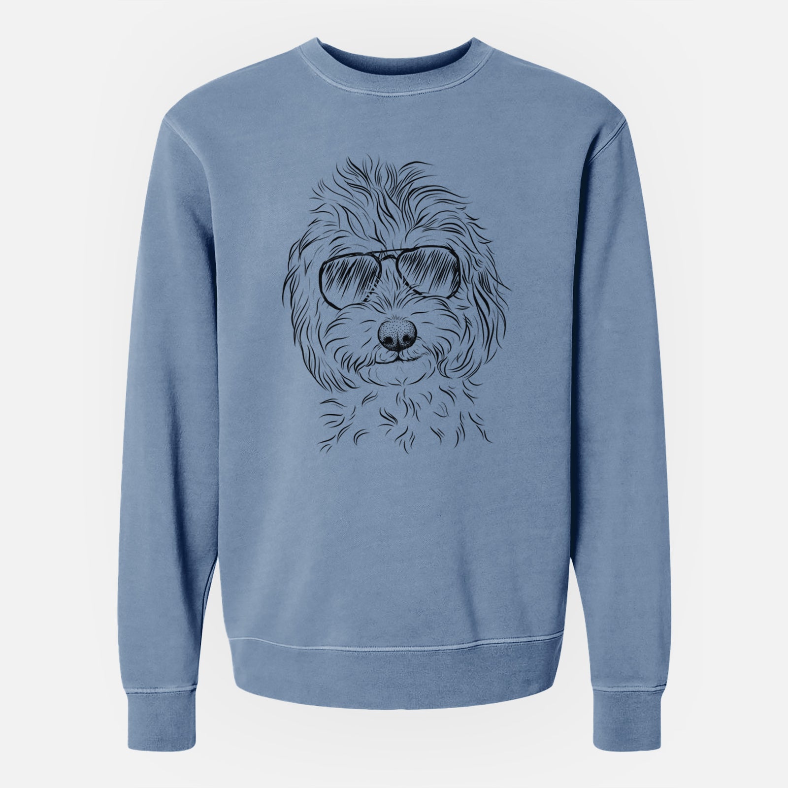 Hand-drawn sketch of Mason the Cavapoo wearing aviator sunglasses on a Slate Blue Unisex pigment dyed crew sweatshirt